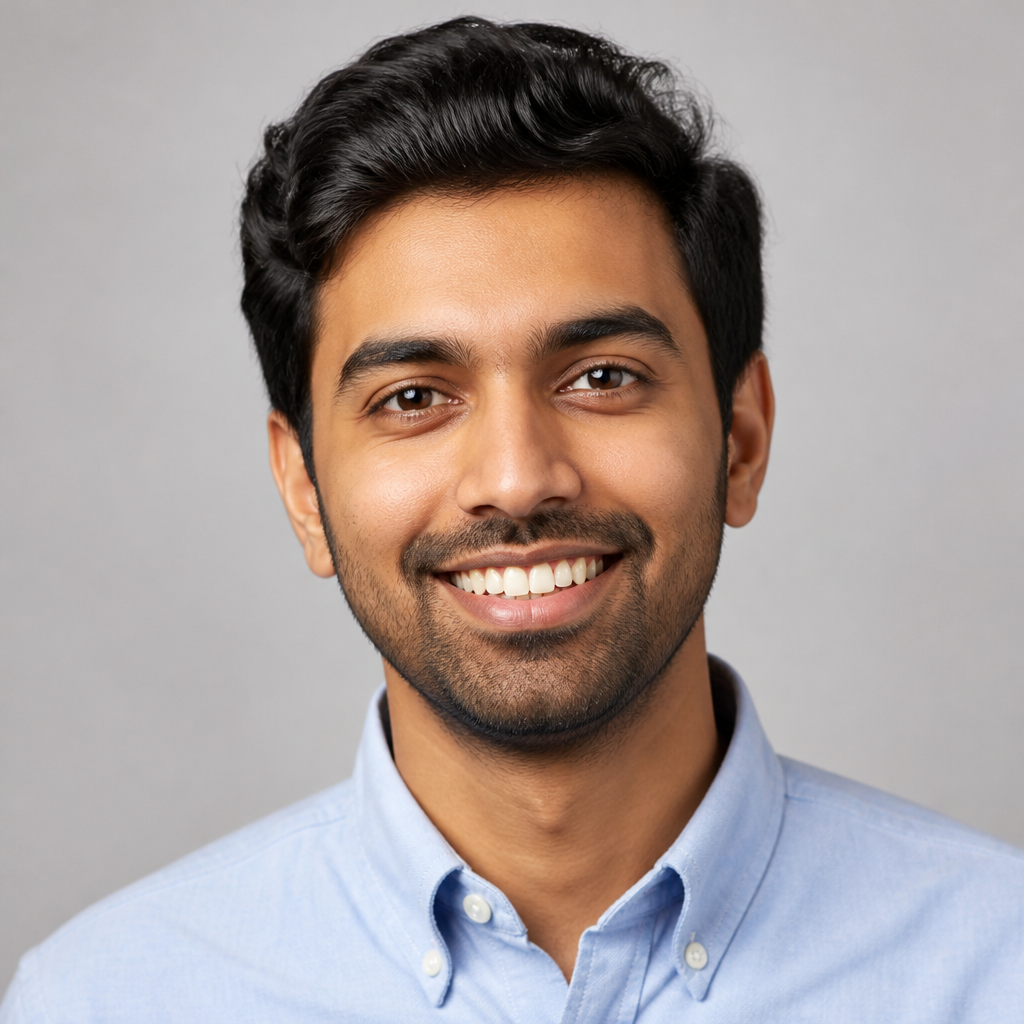 Warm candid portrait of a young South Asian man with short dark hair and trimmed beard, smiling gently in a bright modern office, soft daylight from side window