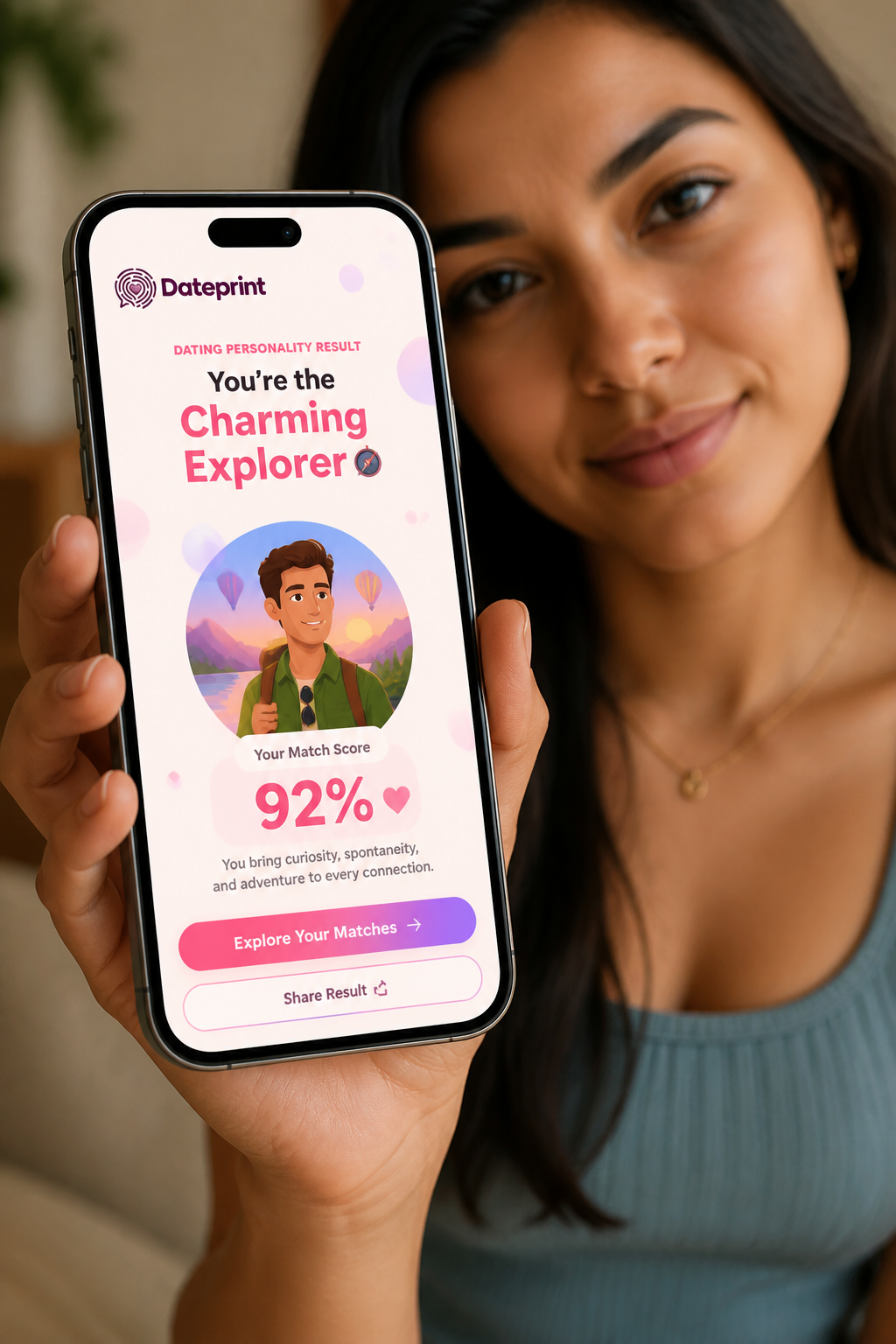 Smartphone displaying Dateprint dating personality result with colorful personality type visualization showing charming explorer type with 92% match score