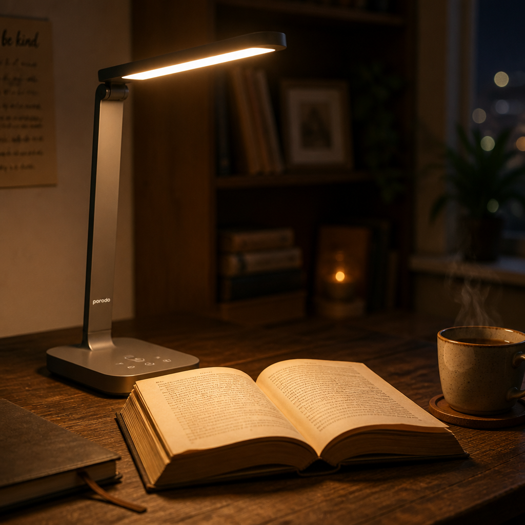 A worn paperback novel lying beside a warmly glowing SmartDesk Lamp on a dark wooden desk at night, soft amber pool of light wrapping the open page, a half-empty teacup beside them in a cozy journal-style scene