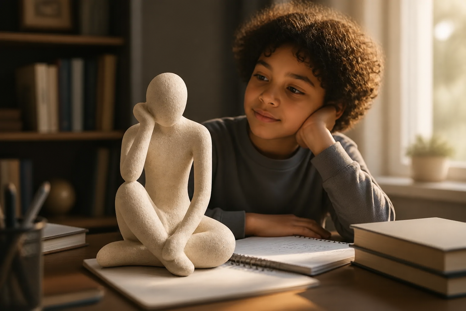 A curious child sitting at a study desk, gazing thoughtfully at the Abstract Thinker Accent with wonder in their eyes, natural morning light streaming through the window