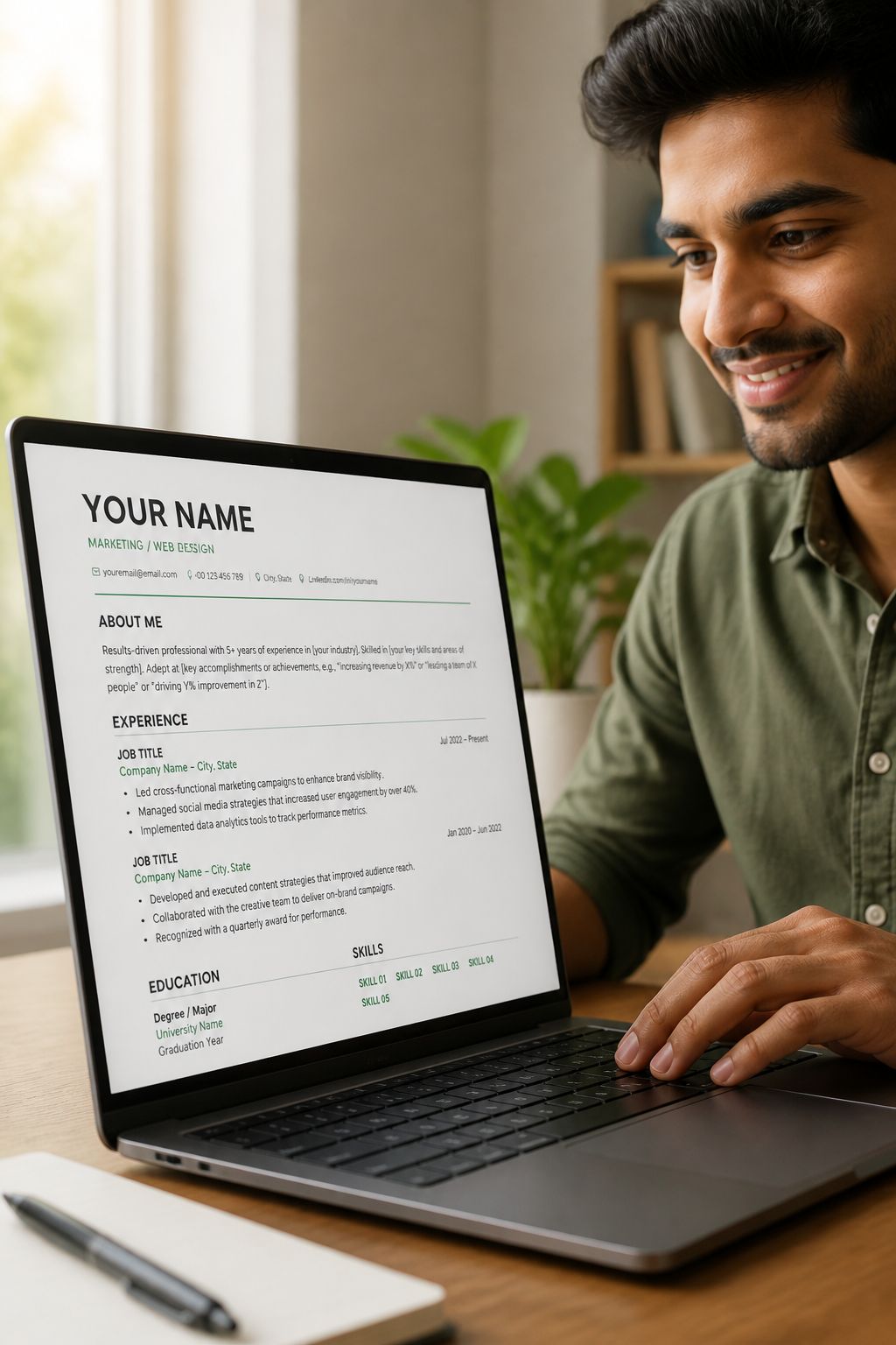 A young Indian professional smiling with confidence while editing a clean modern resume template on a laptop in a bright home office with plants