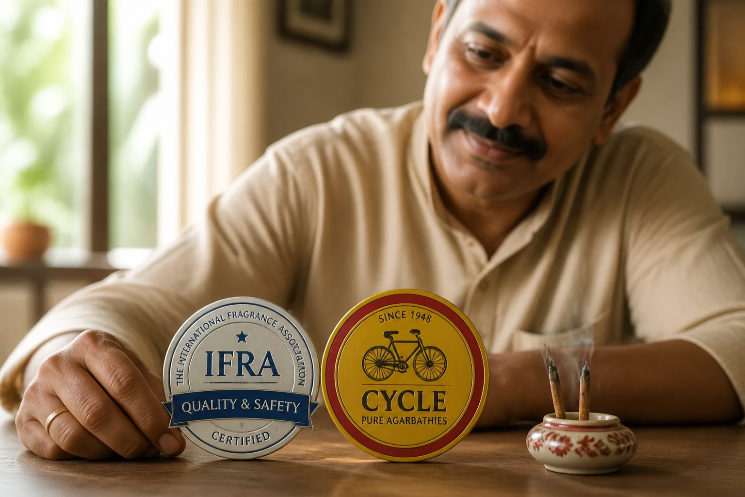 IFRA certification badge with official logo and quality seal alongside the Cycle Pure Agarbathies heritage brand emblem showing the trusted Indian manufacturer lineage and quality commitment
