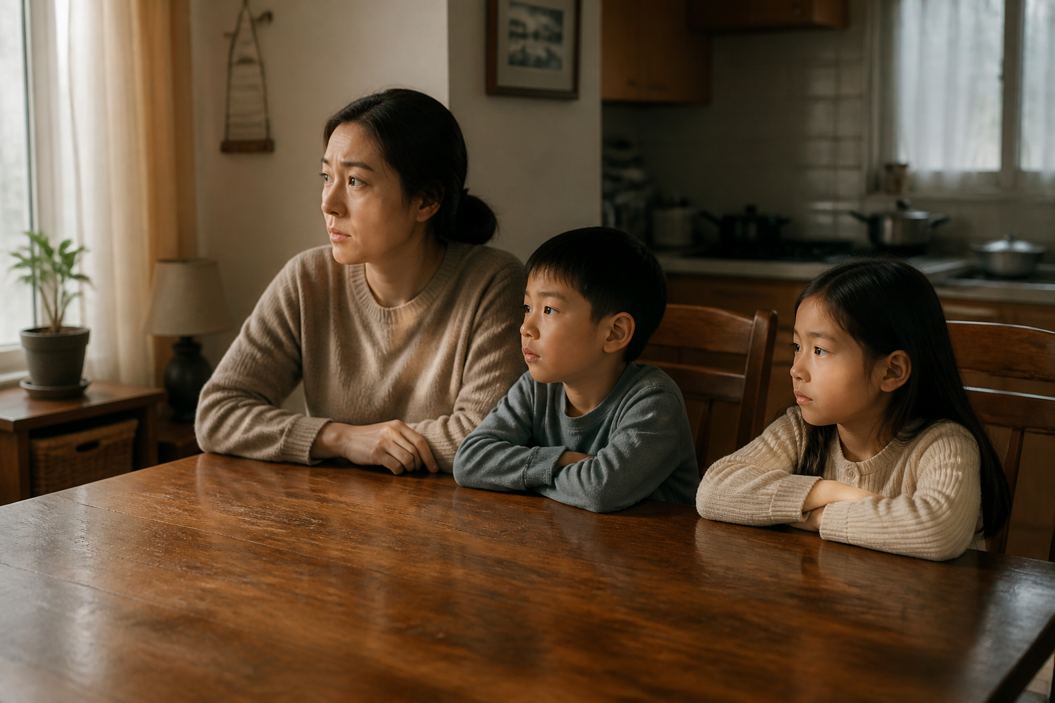 텅 빈 식탁 위에서 음식을 기다리는 가족들의 모습, 엄마가 걱정스러운 표정으로 아이들 옆에 앉아 있는 따뜻하지만 쓸쓸한 가정식 장면