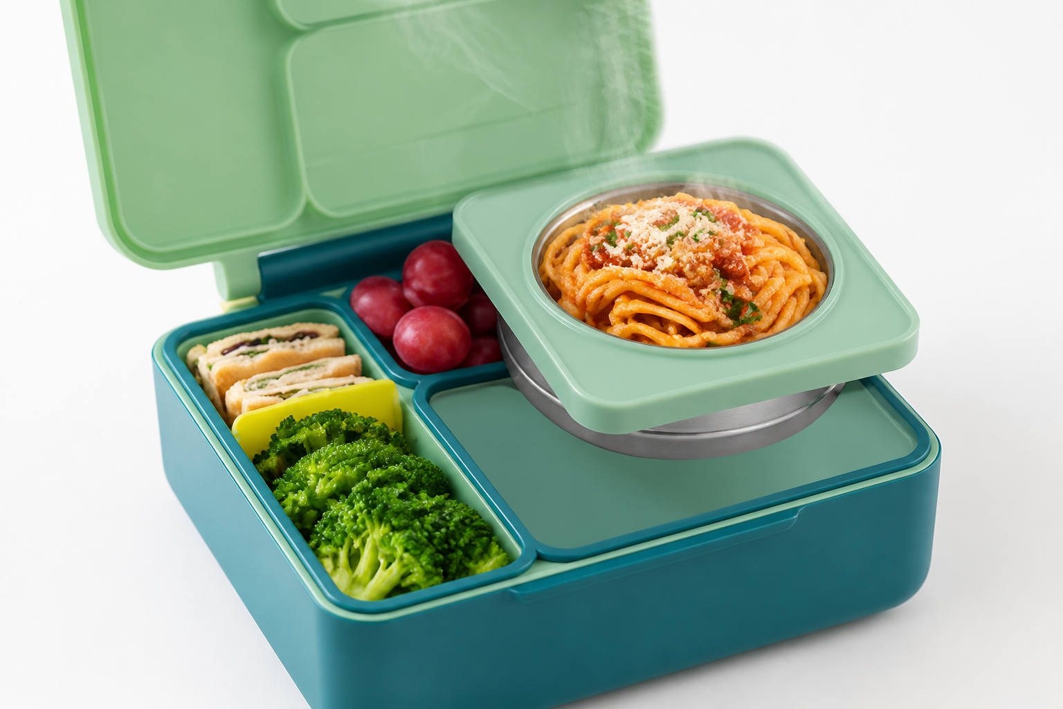 A close-up of warm steaming food inside an open Bento Box showing visible heat and freshness