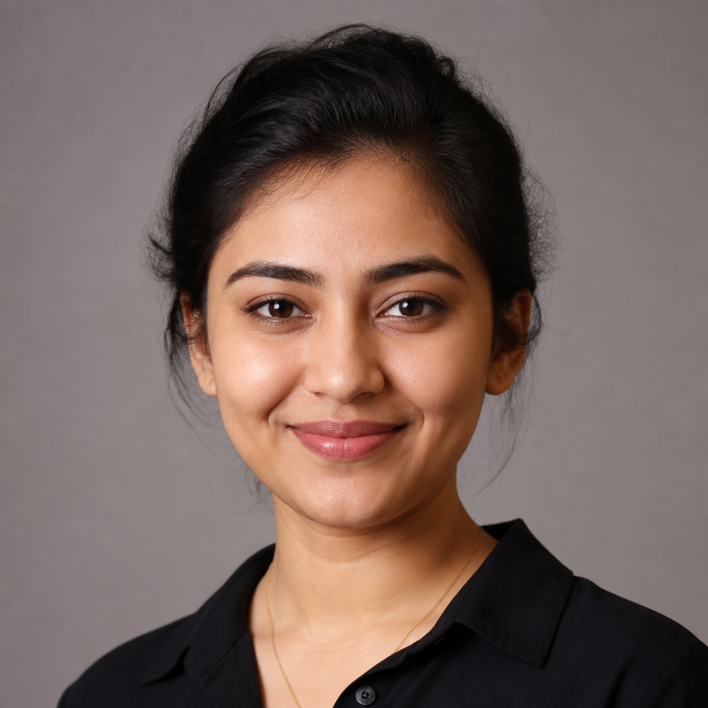 Close-up portrait of an Indian woman with kind eyes and a soft grin, bright morning light raking across her cheek, neutral indoor background with plants