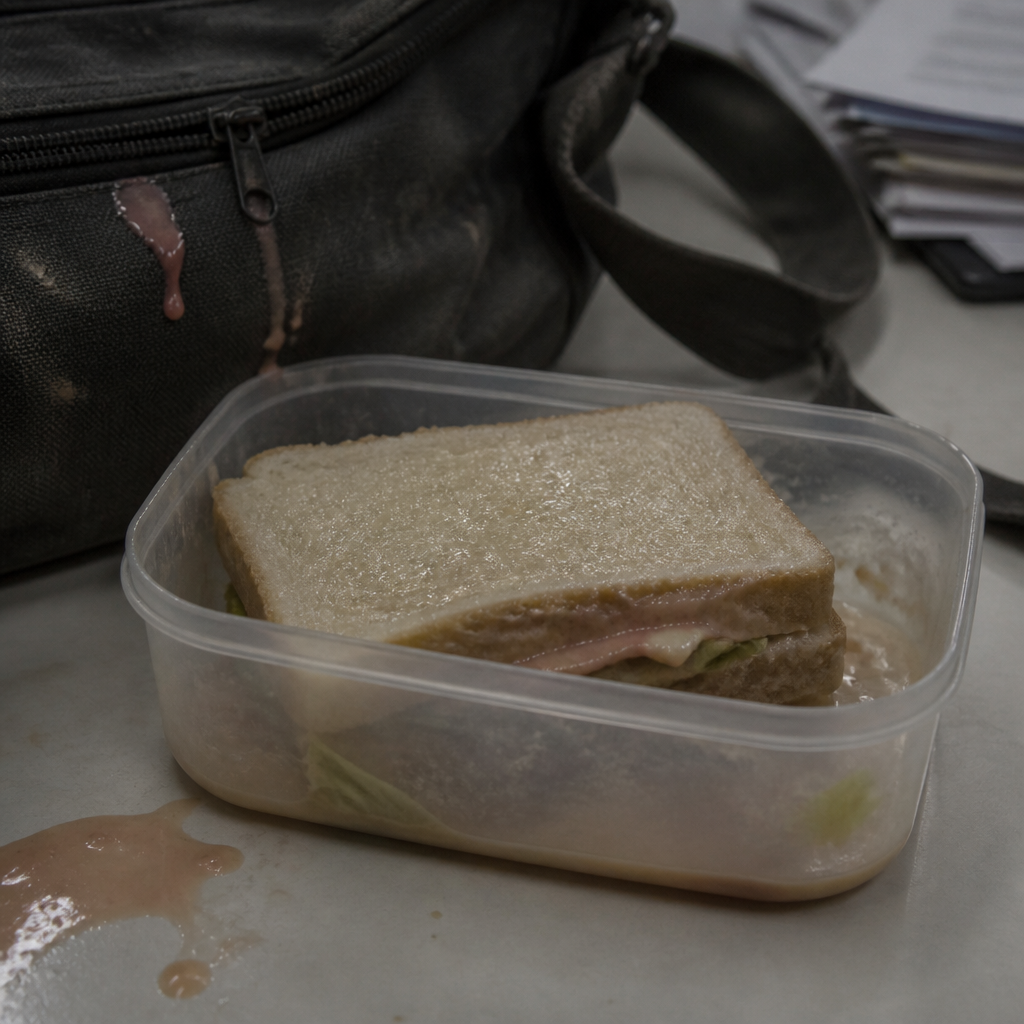 Before image showing a sad generic unbranded cold soggy sandwich in a leaky lunch container next to a stained office bag with spilled food, dull flat lighting, no logos or brand marks