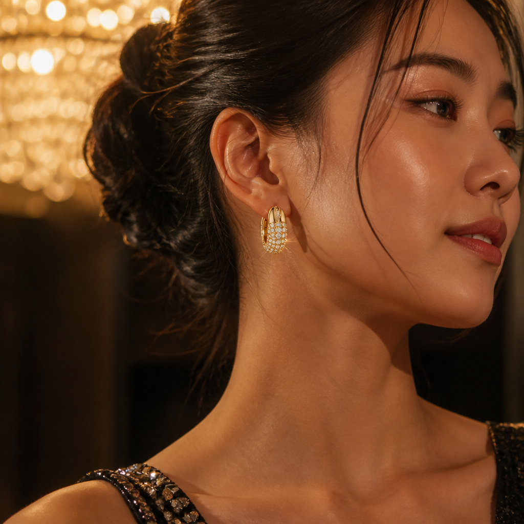Young Asian woman in elegant evening attire wearing the Dextera hoop earrings under golden chandelier lighting, the pav&eacute; crystals glowing dramatically in soft dark tones