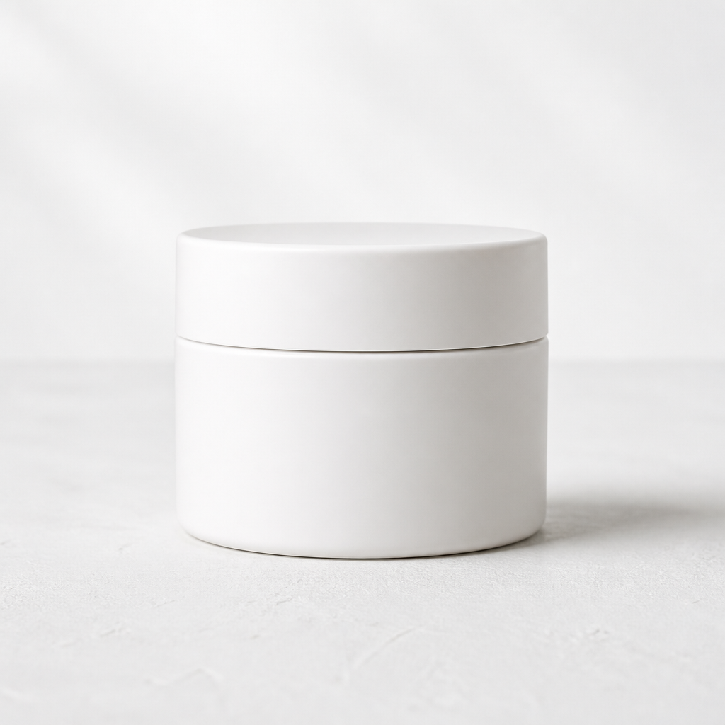 Plain unbranded white jar of ordinary night cream with no label on a plain white background representing generic competitor product