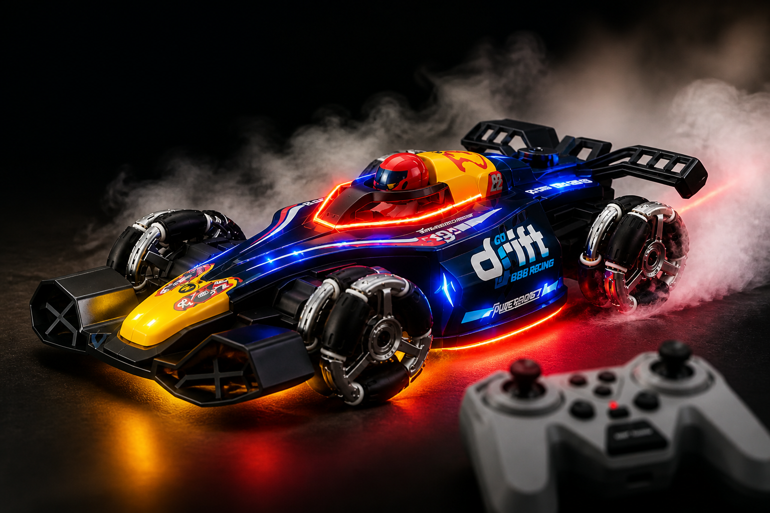 Dramatic shot of the GRAPHENE RC car mid-drift with thick white smoke trail behind it, RGB underglow lights glowing brightly in red and yellow on a black studio backdrop