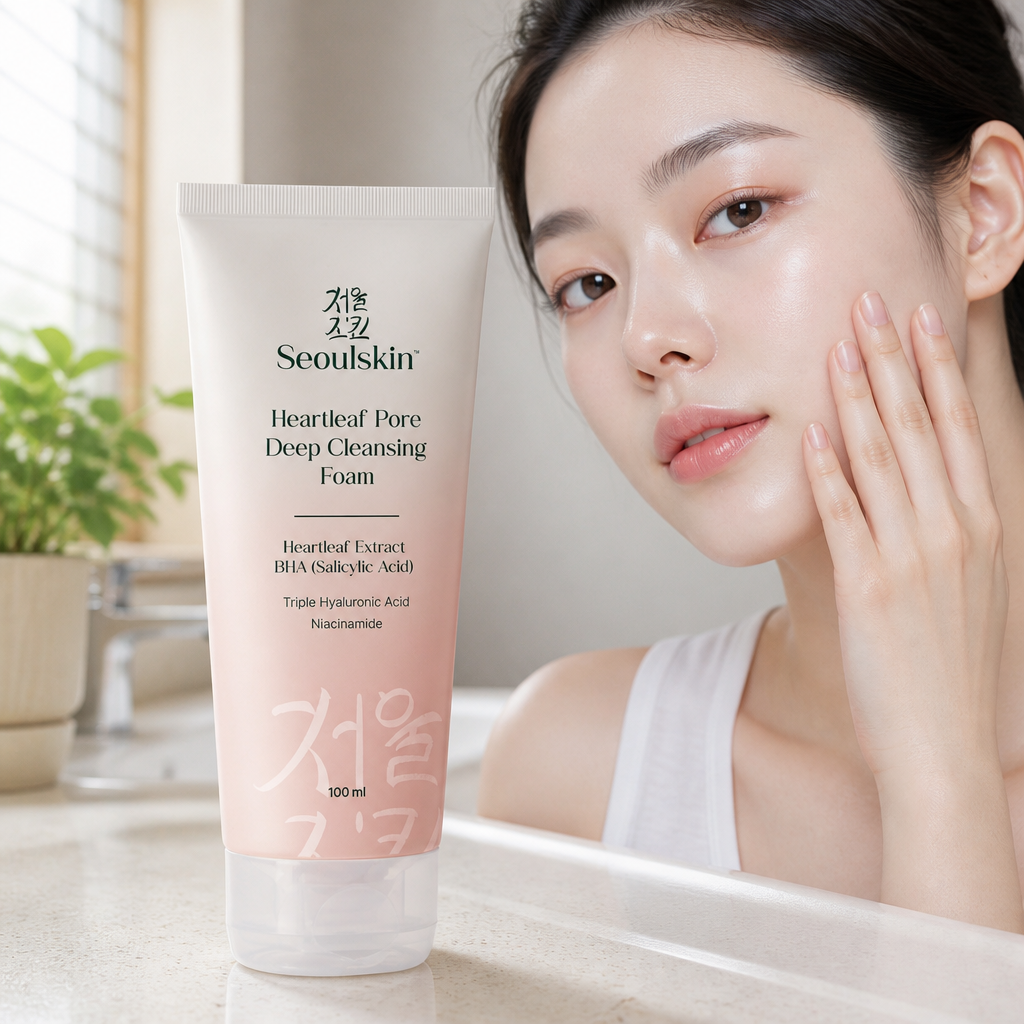 서울스킨 클렌징 폼 100ml 실제 제품 사진 - 녹색 패키지에 하트리프 로고가 인쇄된 클렌저