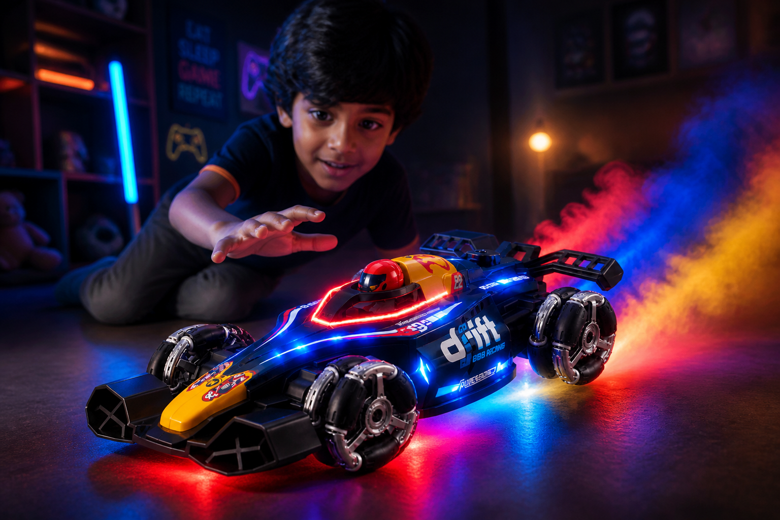 Cinematic hero shot of a child waving hand in a dark playroom while a bright neon-lit RC drift car sprays smoke trail with glowing RGB underglow lights in red, blue and yellow