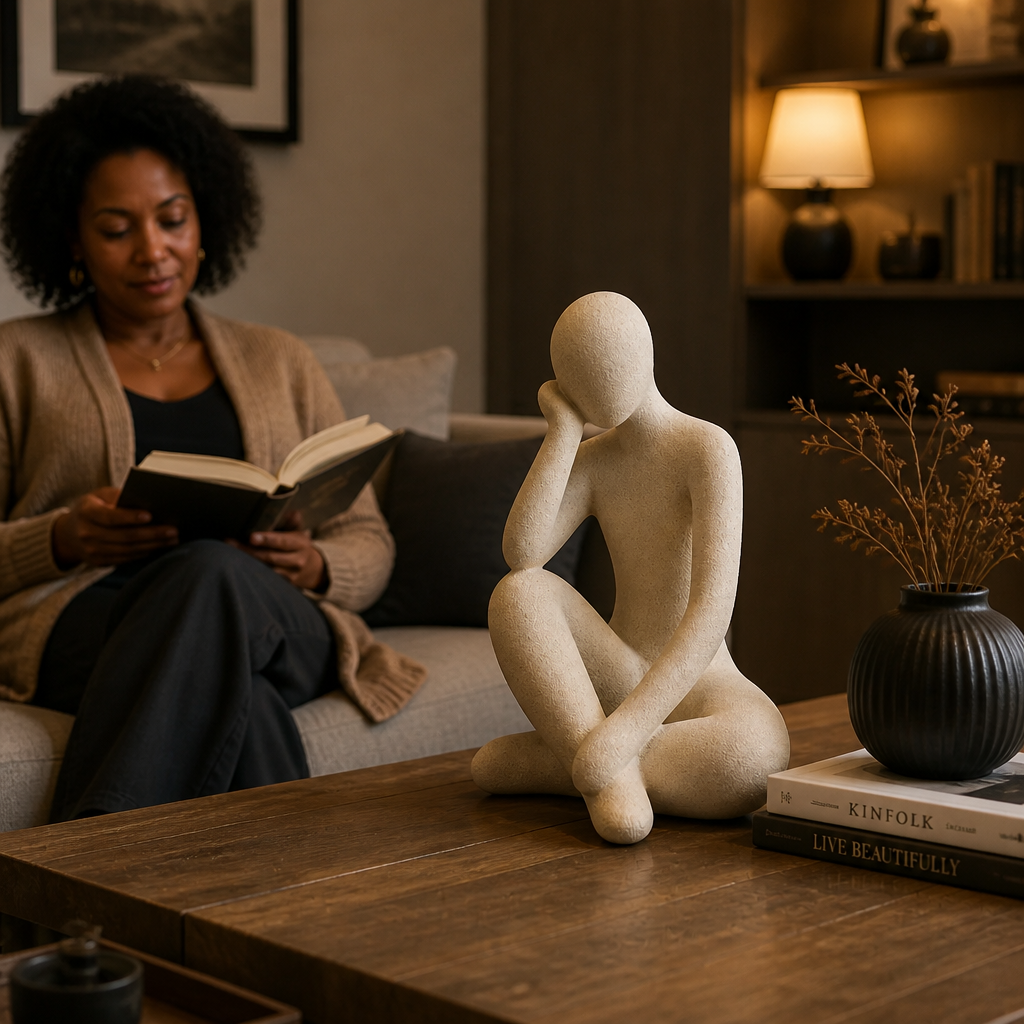 Cinematic wide hero shot of the Abstract Thought Thinker Accent Resin displayed as the centerpiece on a warm wooden coffee table in a modern living room with soft golden evening light