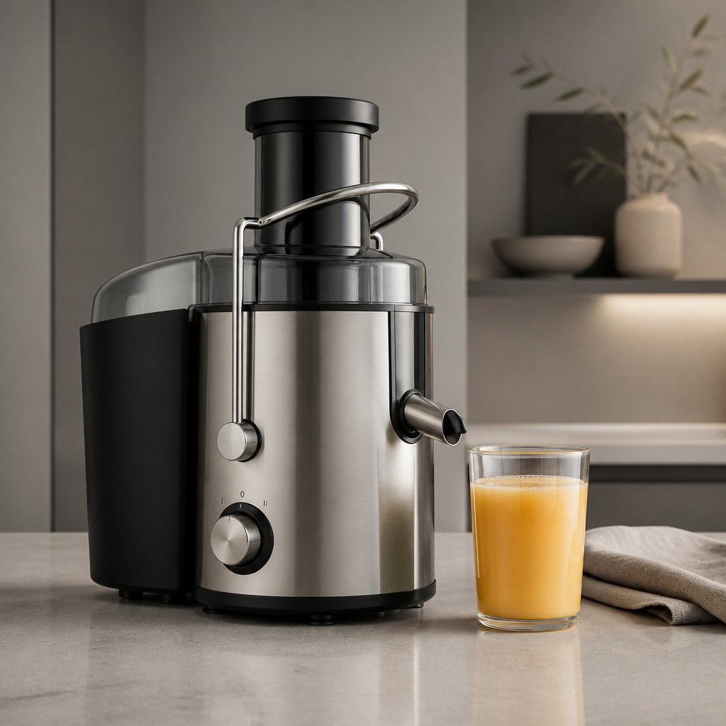 Unbranded generic standalone centrifugal juicer with plain glass of juice, no brand marks or logos visible, muted neutral tones to imply the overpriced option
