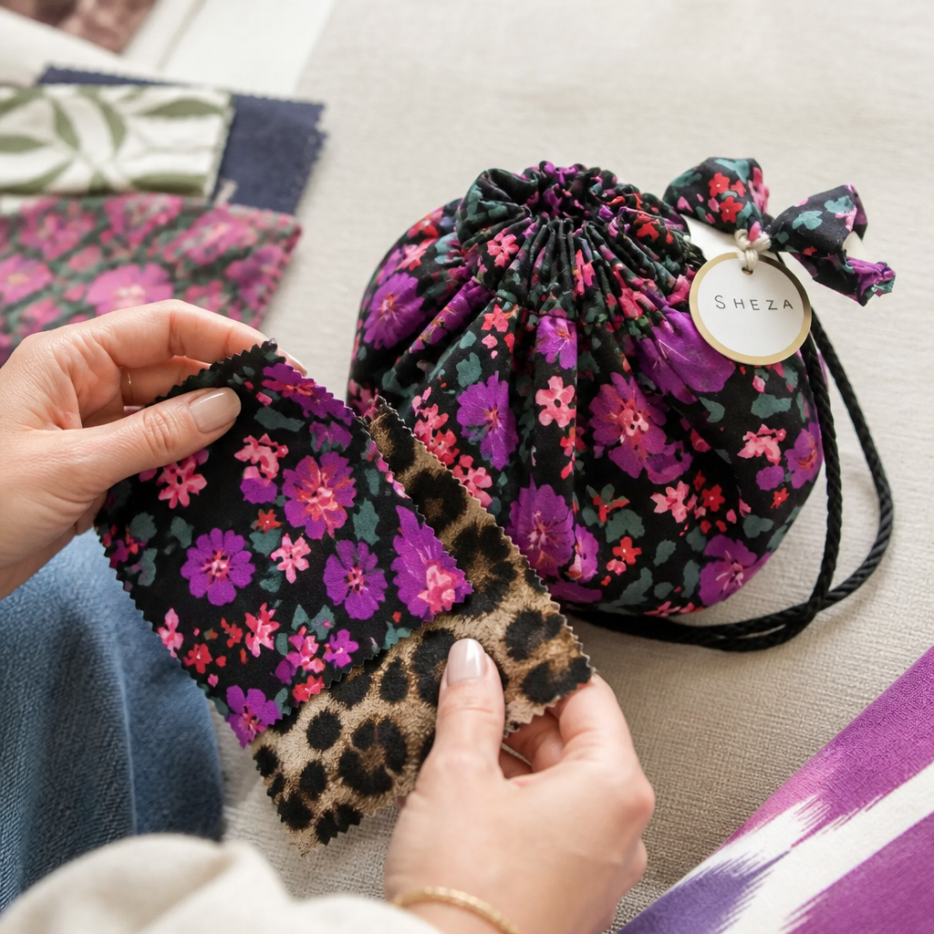Hands holding fabric swatches of floral and animal print patterns, choosing between bold and delicate designs
