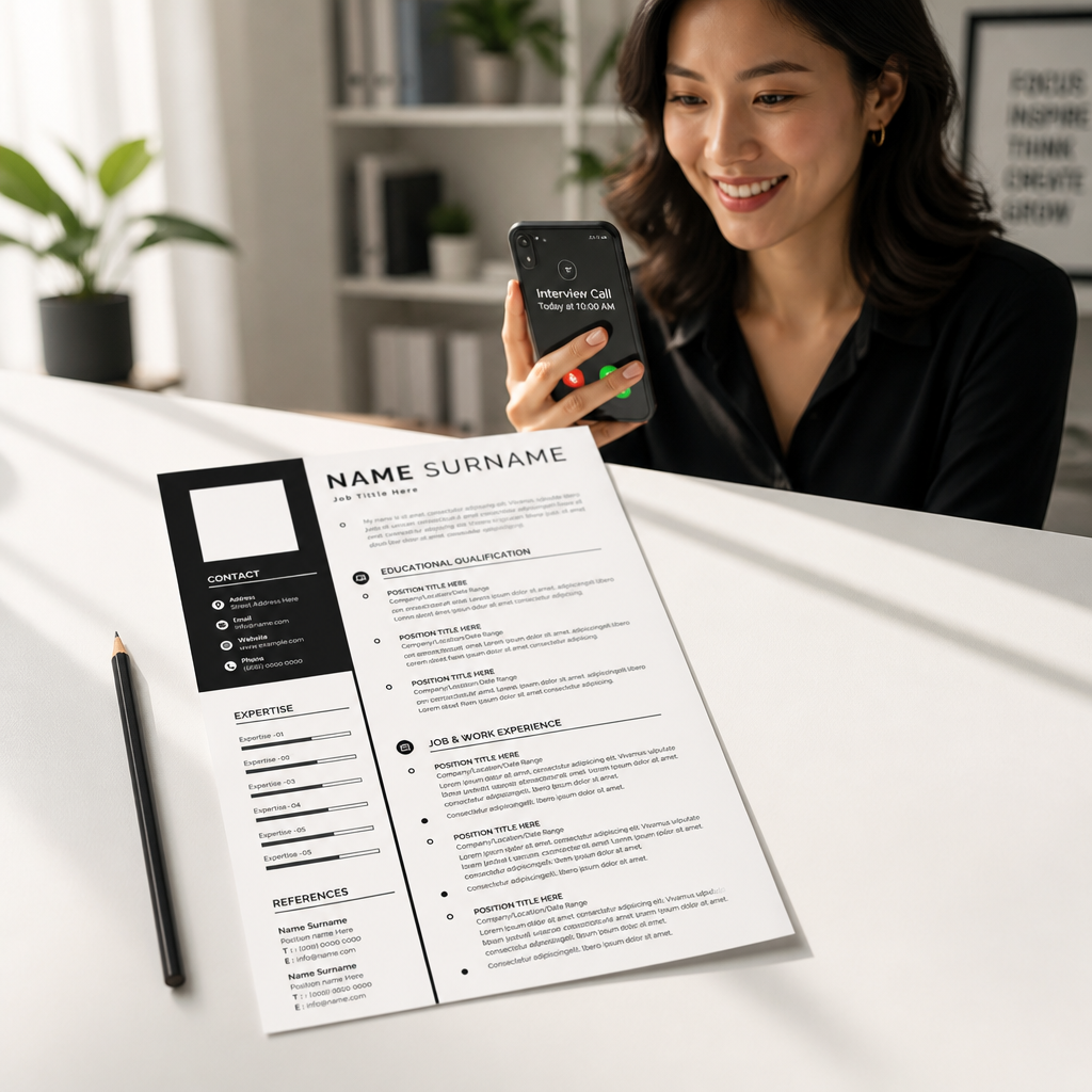 Cinematic lifestyle shot of a confident Asian professional in a bright modern office, smiling while looking at a phone showing an interview call notification on a clean white desk