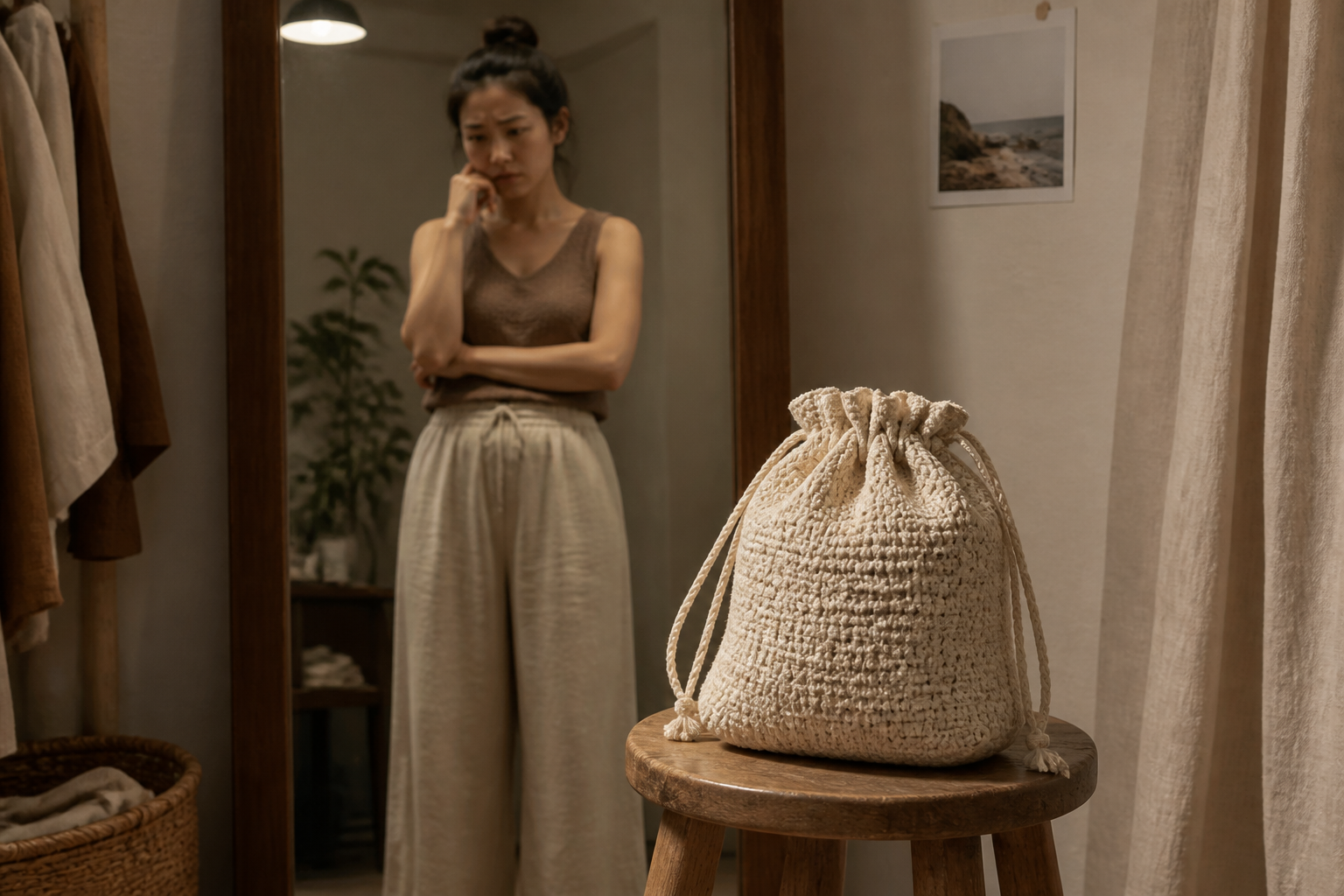 Close-up portrait of a woman looking frustrated at her reflection in a full-length mirror, overhead warm lighting creating subtle shadows on her face, her outfit plain and incomplete