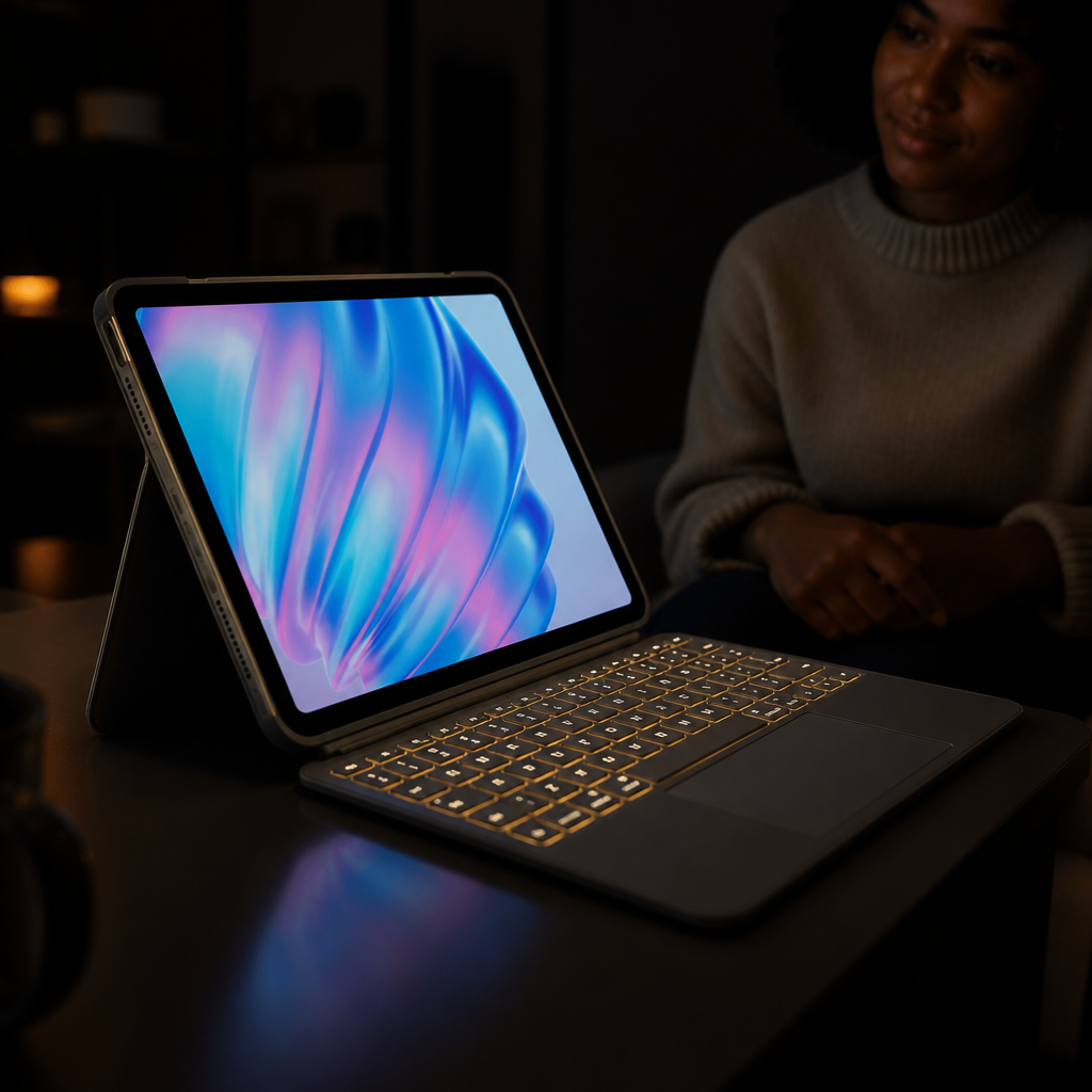 Dramatic dark room scene with iPad Air and Combo Touch keyboard in laptop mode, the backlit keys glowing warm yellow against deep shadows creating a cinematic product showcase