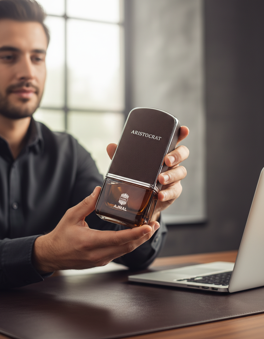 Man holding ARISTOCRAT Perfume with confidence