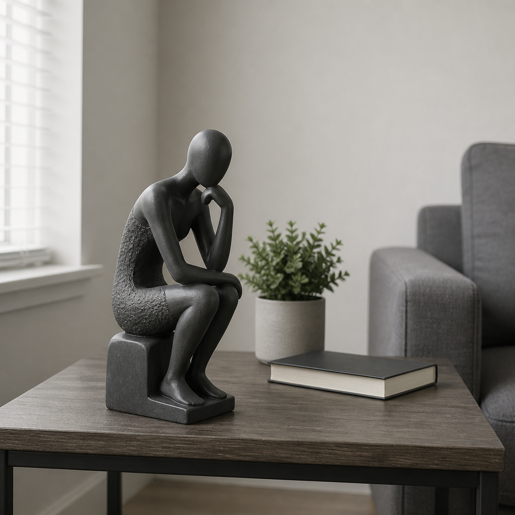 A mundane, undecorated living room corner with bare walls and minimal furniture, lacking personality and visual interest
