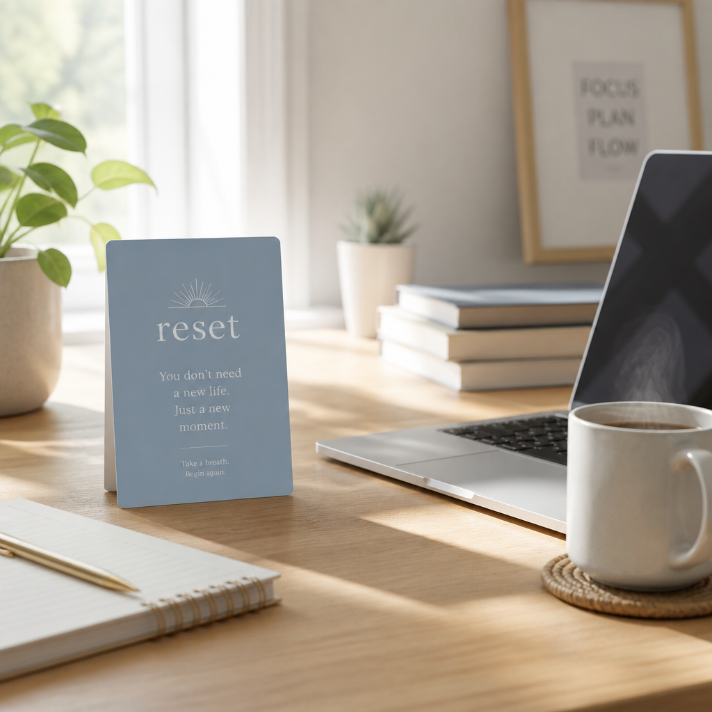 Calm blue reset card beside a freshly organized workspace in bright soft daylight