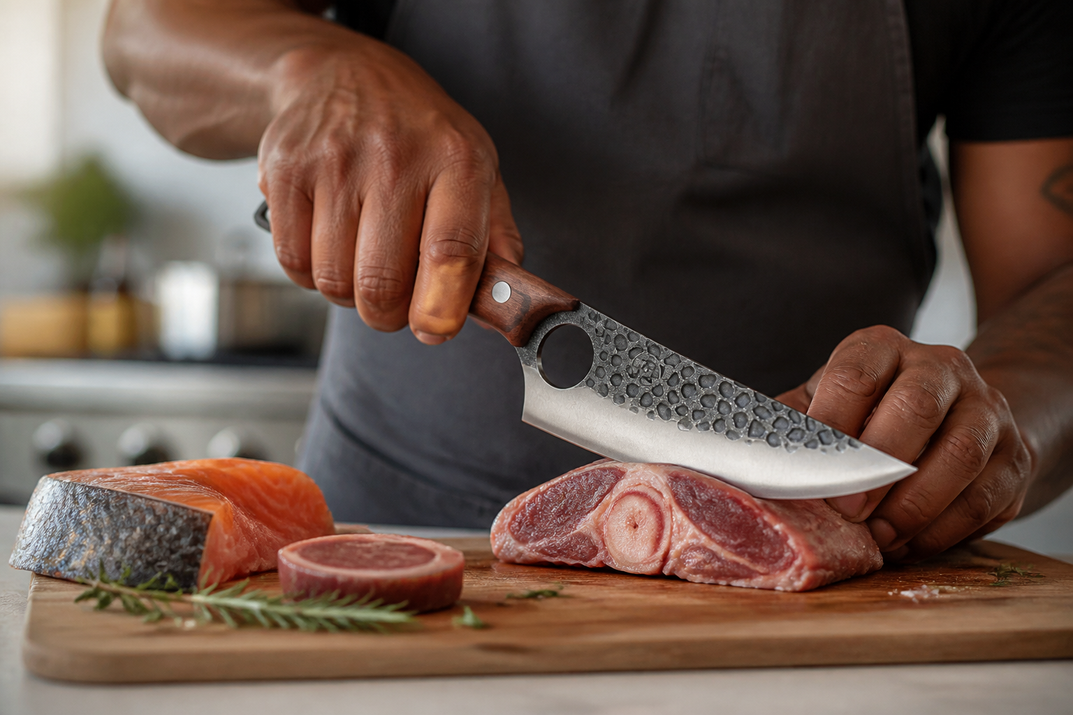 Professional kitchen showing clean precise cuts with the bone-cutting knife displayed prominently in center