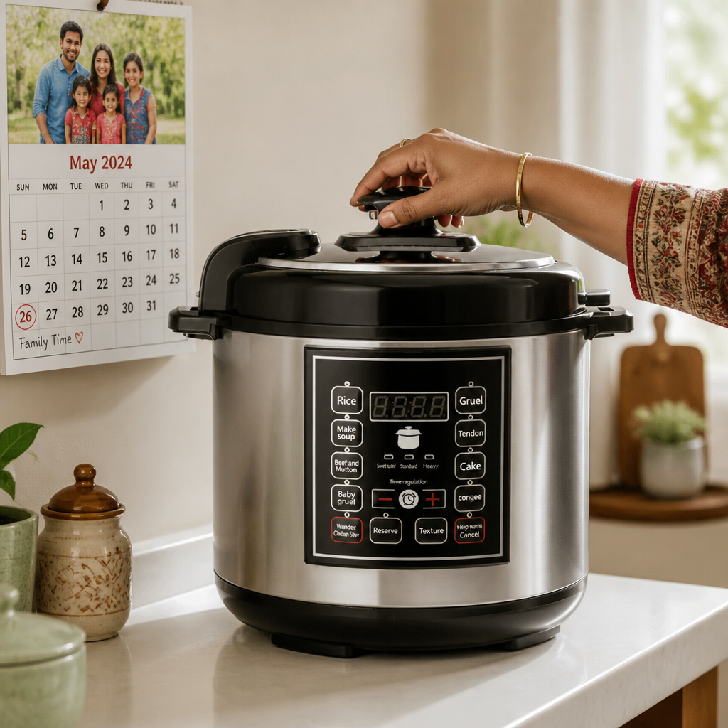 A wall family calendar beside the cooker's LCD display with reservation timing highlighted in soft blue and white tones