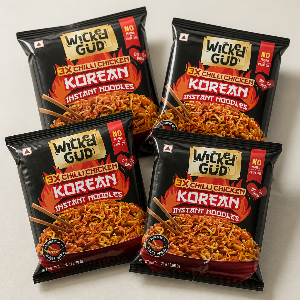 Four packs of 3x chilli chicken Korean instant noodles laid out together showing the complete bundle package