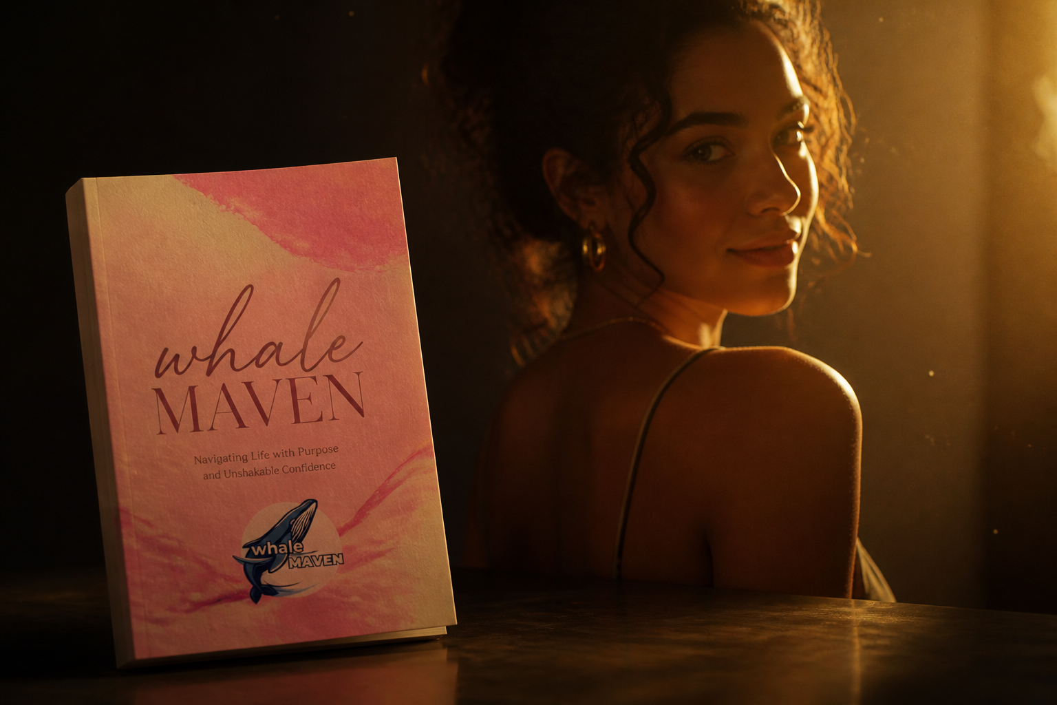 Dramatic cinematic image of a woman turning toward soft golden light like a quiet reveal moment, warm rim lighting and shadow