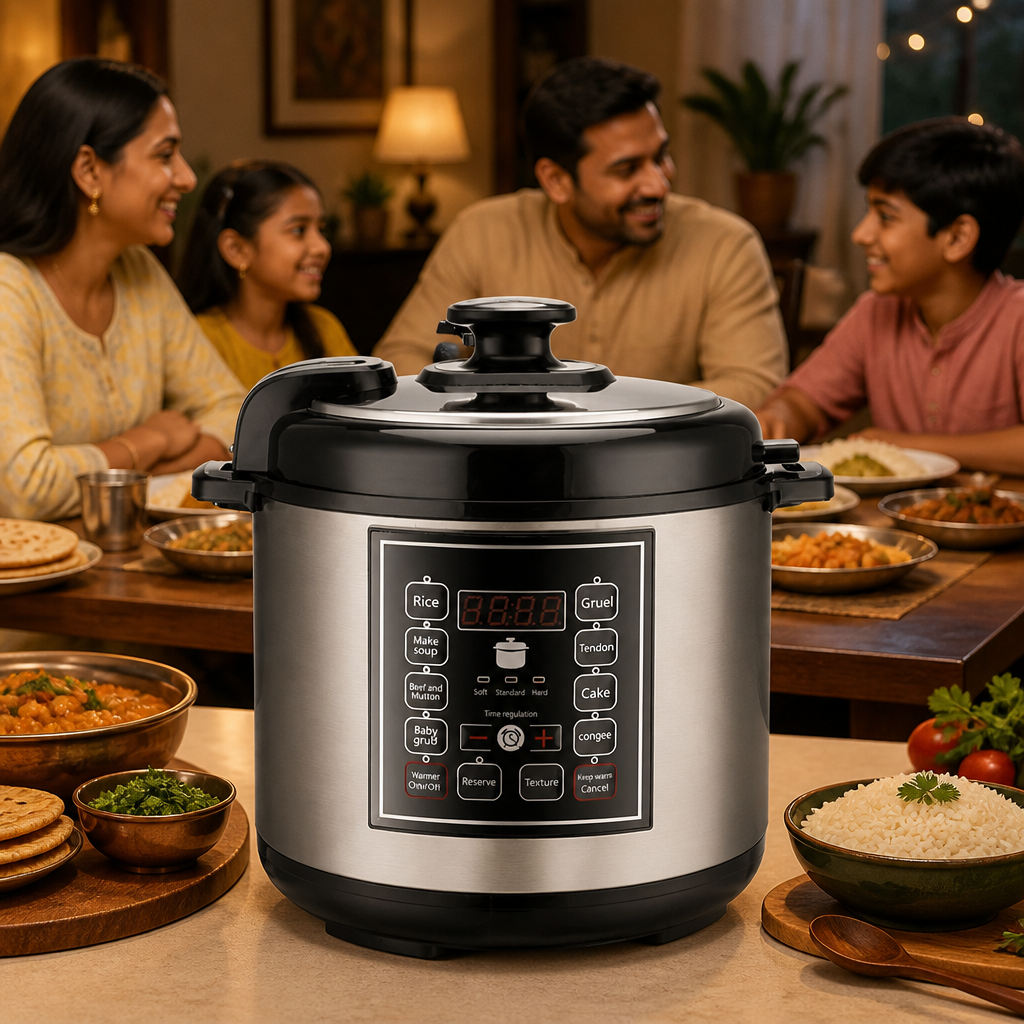 A warm Indian family of four eating dinner together at a dining table with the pressure cooker visible in the kitchen behind them