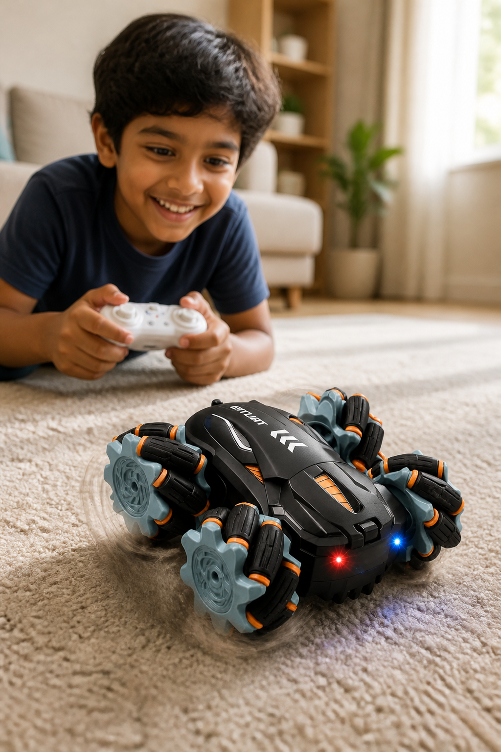 Indian child in casual t-shirt playing with a red drift RC car on a living room carpet, smiling while operating the remote control