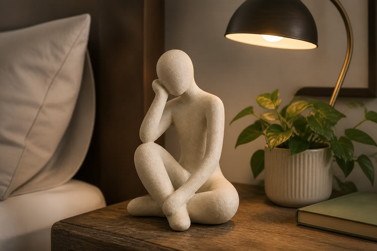 The Abstract Thought Thinker Accent resting on a rustic wooden bedside table next to a green plant and a reading lamp in a cozy bedroom