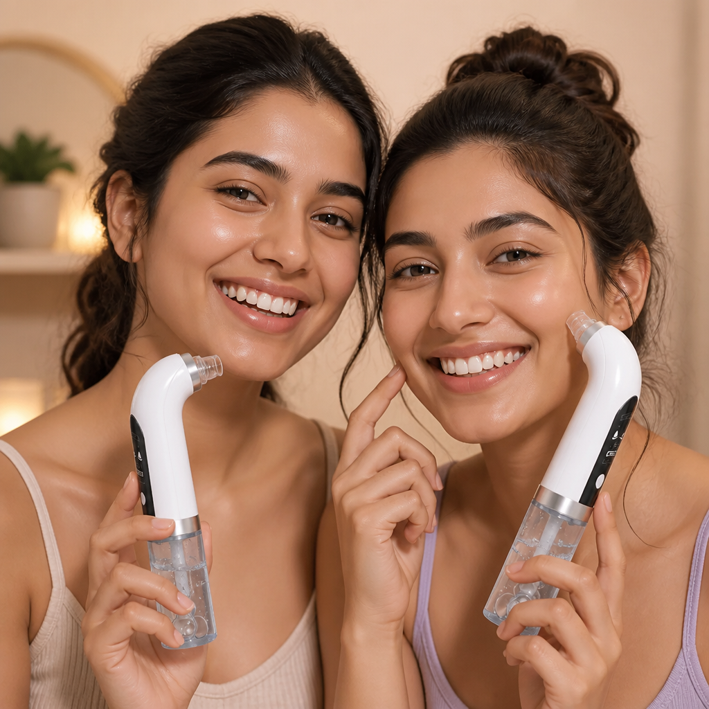 Two young Indian women smiling together holding the white blackhead vacuum kit, both with visibly clear glowing skin in soft warm studio light