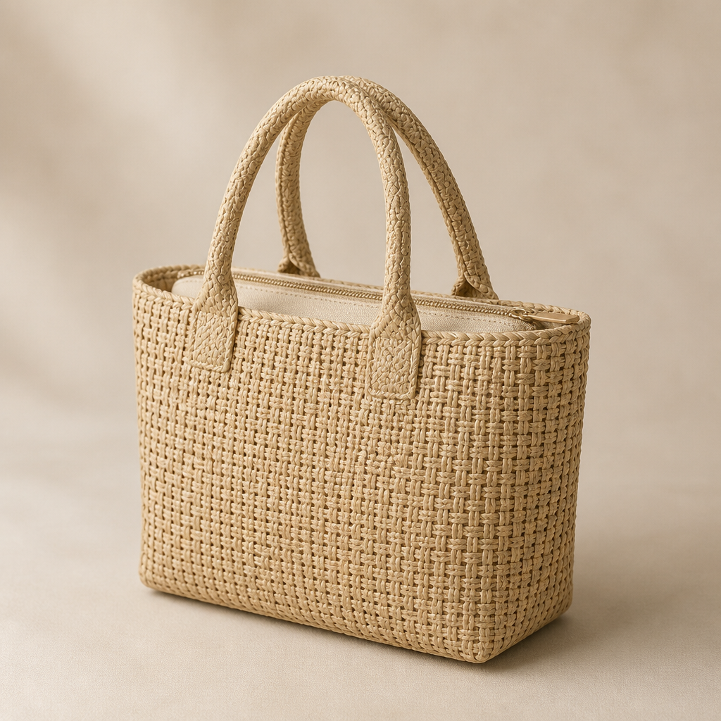 The Mini Azure Woven Tote in Beige color variant, displayed elegantly against a soft neutral background showing the woven texture and structured shape