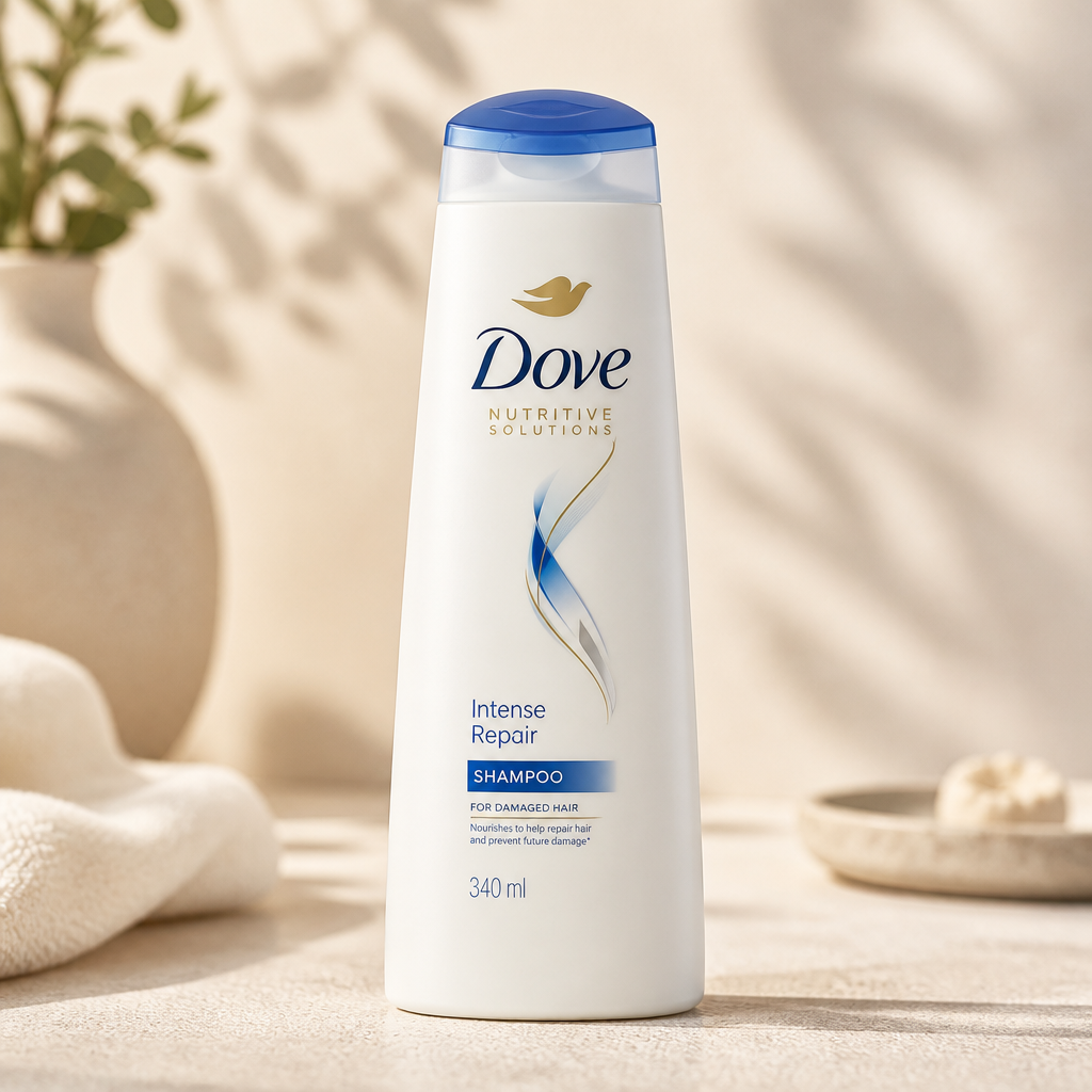 Tall studio shot of a white Dove shampoo bottle with blue cap standing upright on a soft cream surface, warm natural lighting, minimalist product photography with a gentle shadow