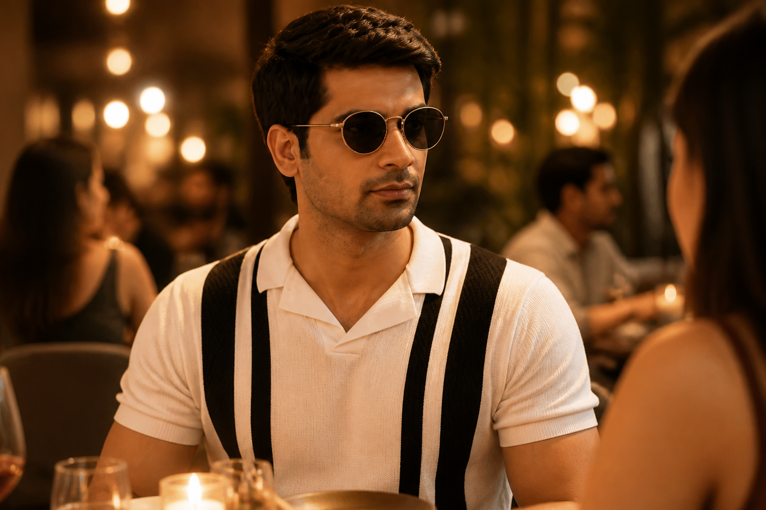 Warm-tone lifestyle photograph of a stylish Indian man in a retro striped polo at a relaxed evening dinner, golden-hour ambient lighting, cozy restaurant setting