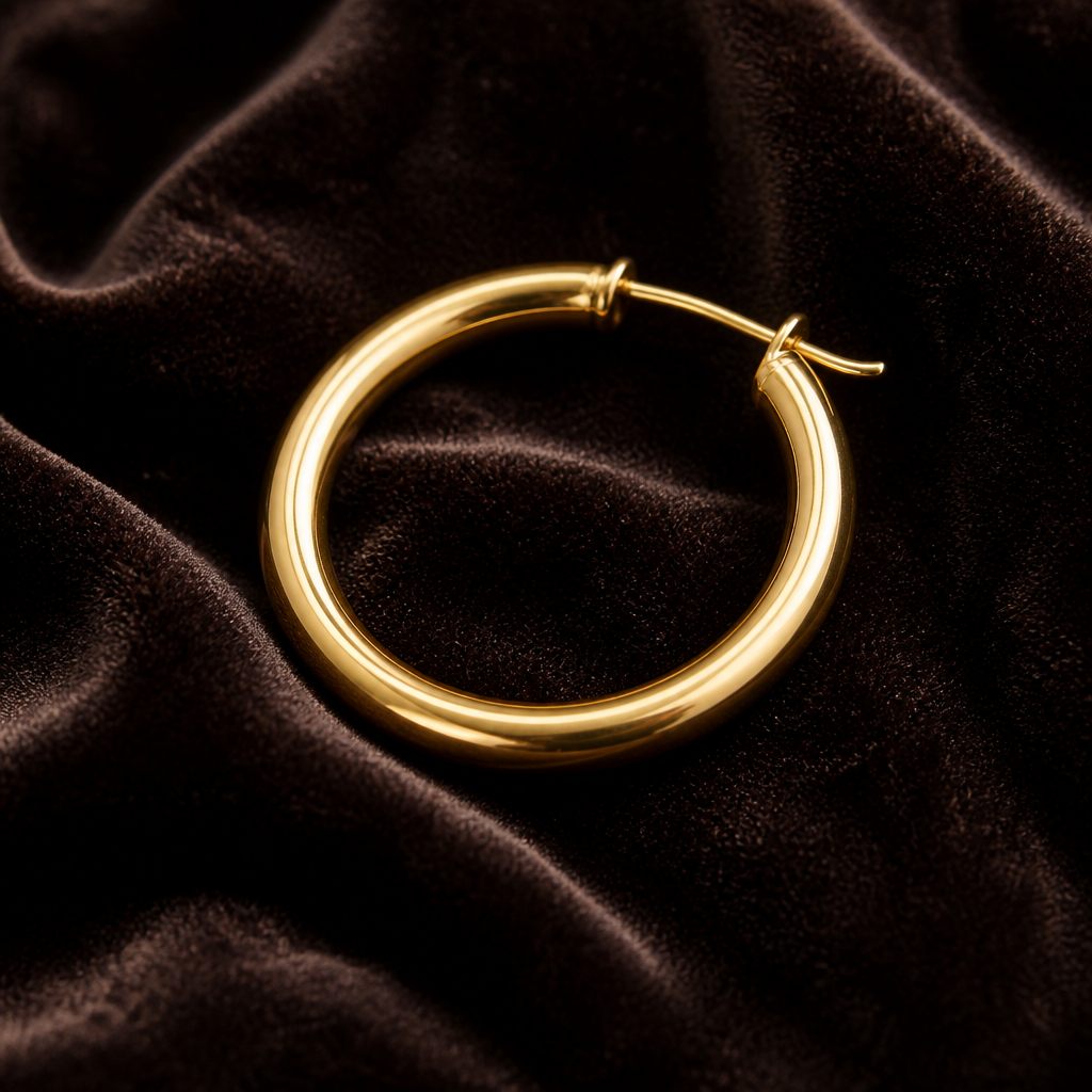 Unbranded plain smooth gold hoop earring lying on a dark velvet surface showing no crystal detail