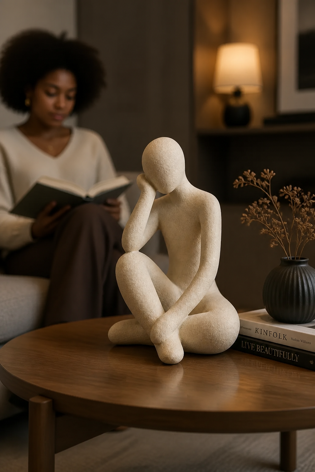 Lifestyle shot of the Abstract Thought Thinker Accent Resin displayed on a stylish mid-century modern wooden coffee table with warm ambient lighting