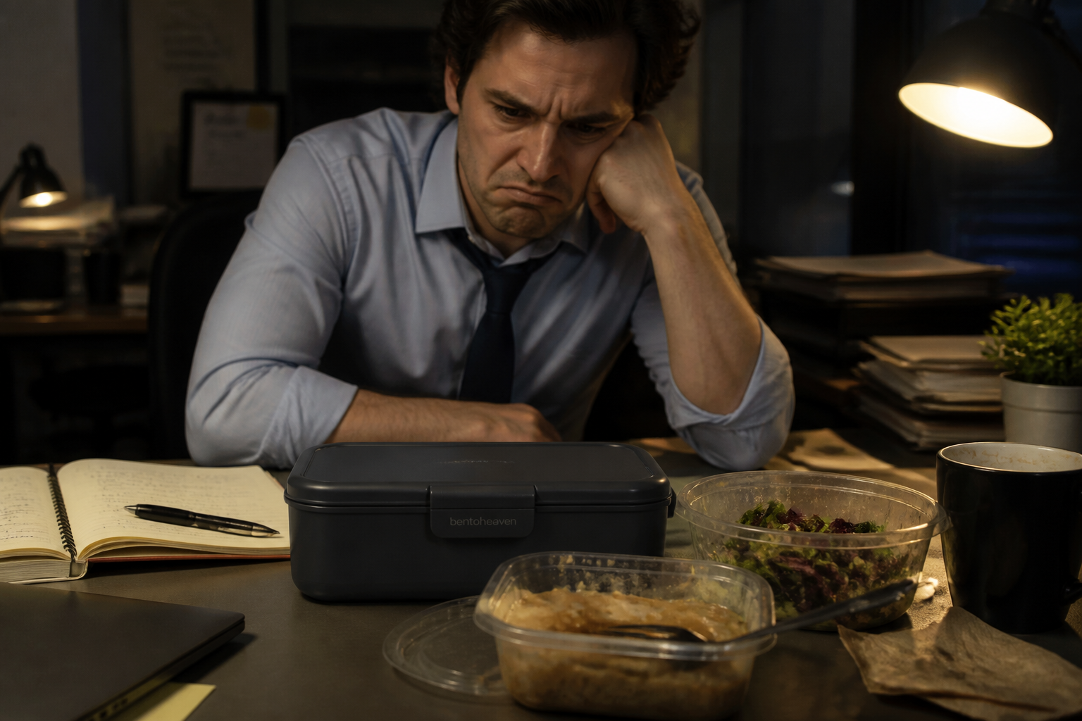 Frustrated professional staring at a cold, soggy takeout container with wilted salad and congealed sauce in a dim office setting