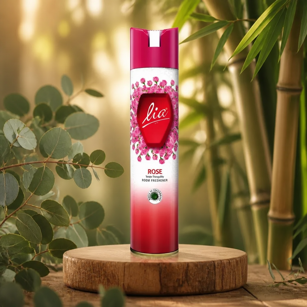 Premium Ripple room freshener bottle with elegant green plant elements including eucalyptus leaves and bamboo stalks, emphasizing Indian origin natural feel with subtle golden sunlight