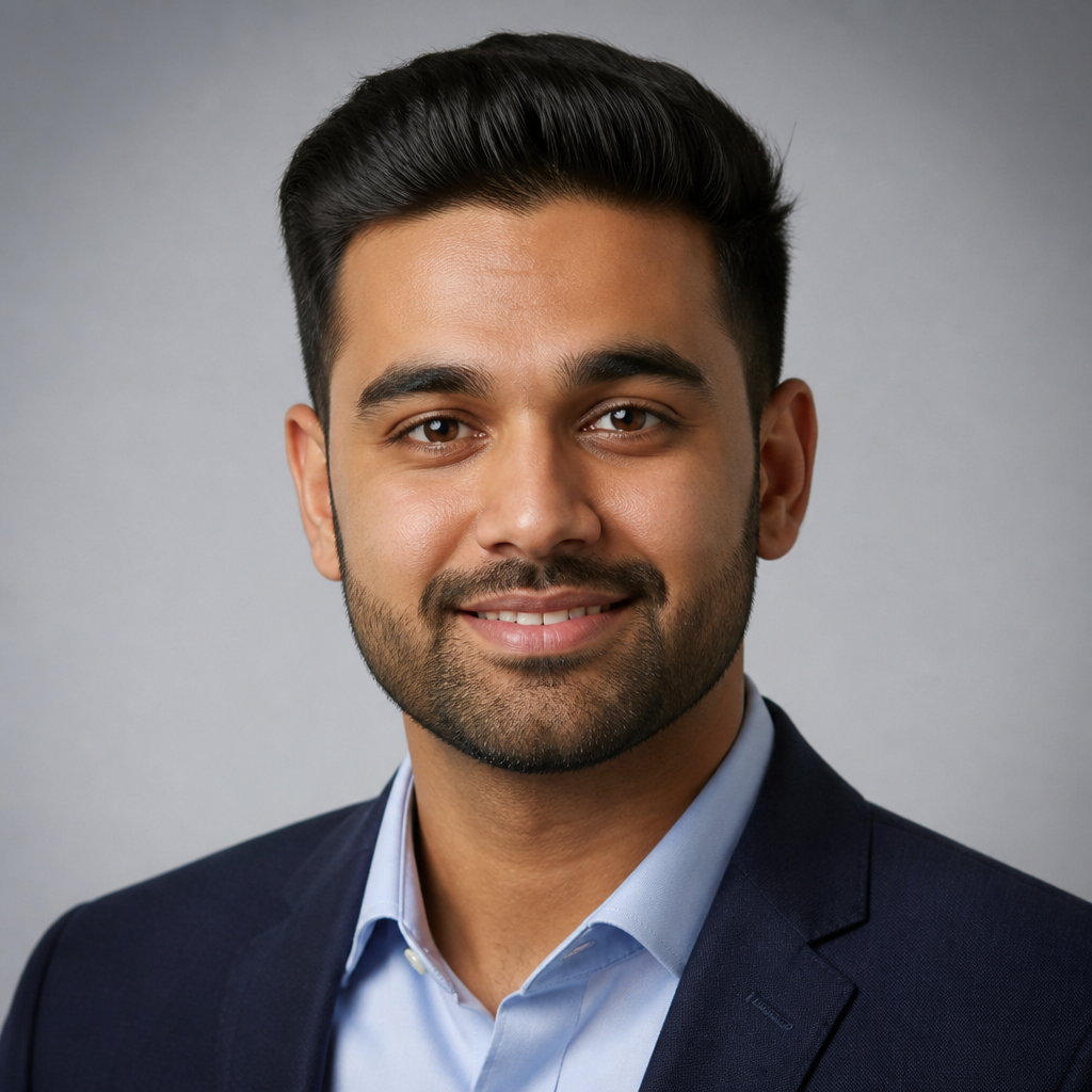 Close-up portrait of a smiling South Asian man in his thirties with short dark hair and a light beard, warm natural lighting, soft blurred neutral background