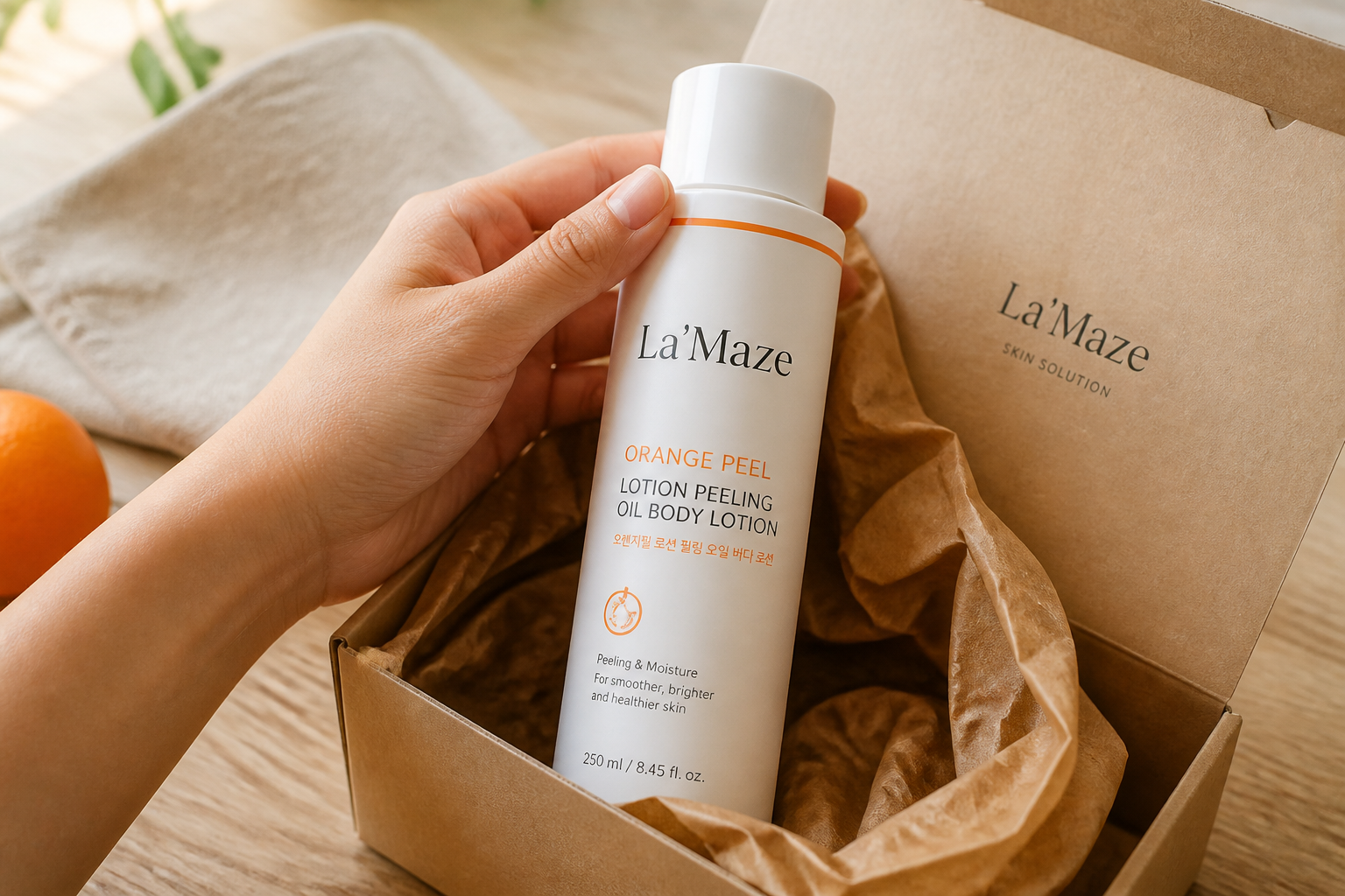 Hand unboxing a sleek La'Maze body lotion parcel on a marble countertop with tissue paper and a fresh orange beside