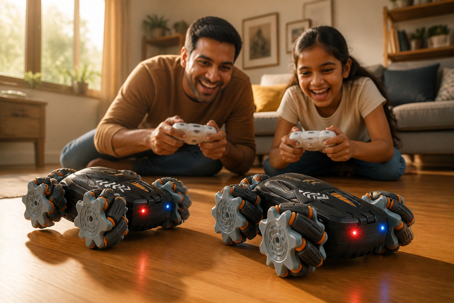 A warm lifestyle scene of an Indian father and his 9-year-old daughter laughing together while racing two GRAPHENE 4X4 drift cars across a wooden living room floor in natural afternoon sunlight