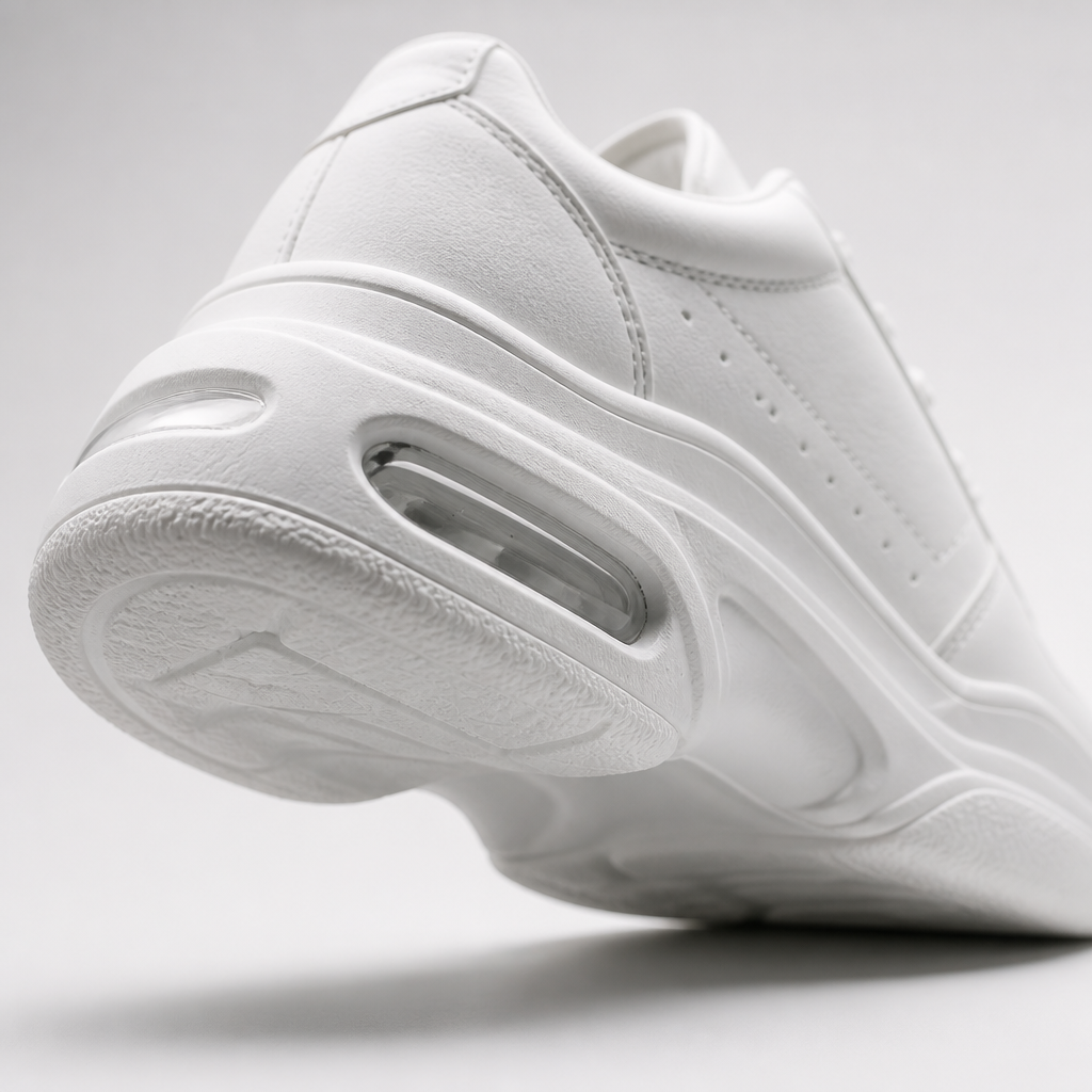 Detailed close-up macro shot of Nike Sneakers 3 soft cushioned sole highlighting the layered foam padding and shock-absorbing air units under bright studio lighting