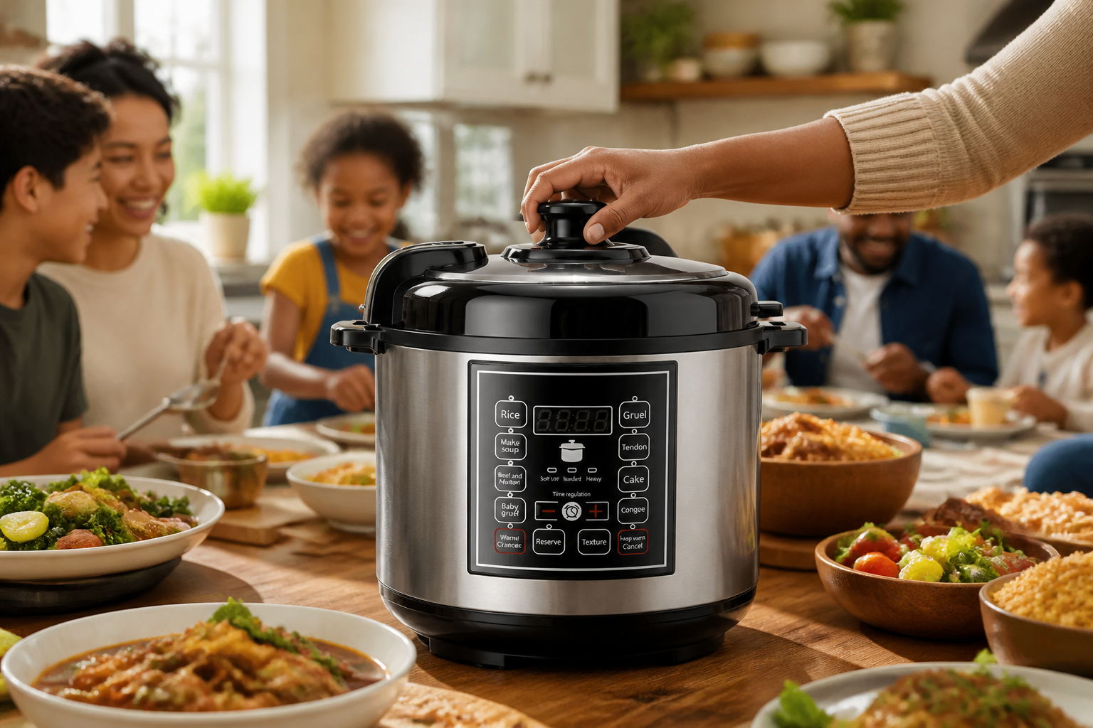 Collage of diverse happy families cooking and eating together with rice cooker in various kitchen settings, warm inviting atmosphere