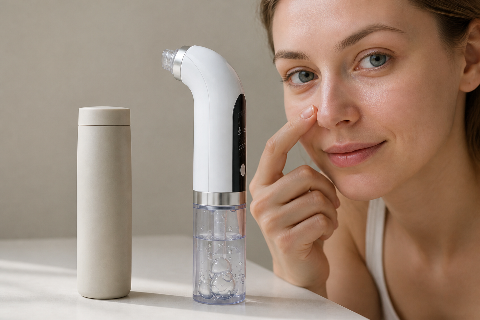 After image of same woman showing visibly smoother and clearer skin on the nose and T-zone area after 14 days of using the blackhead vacuum