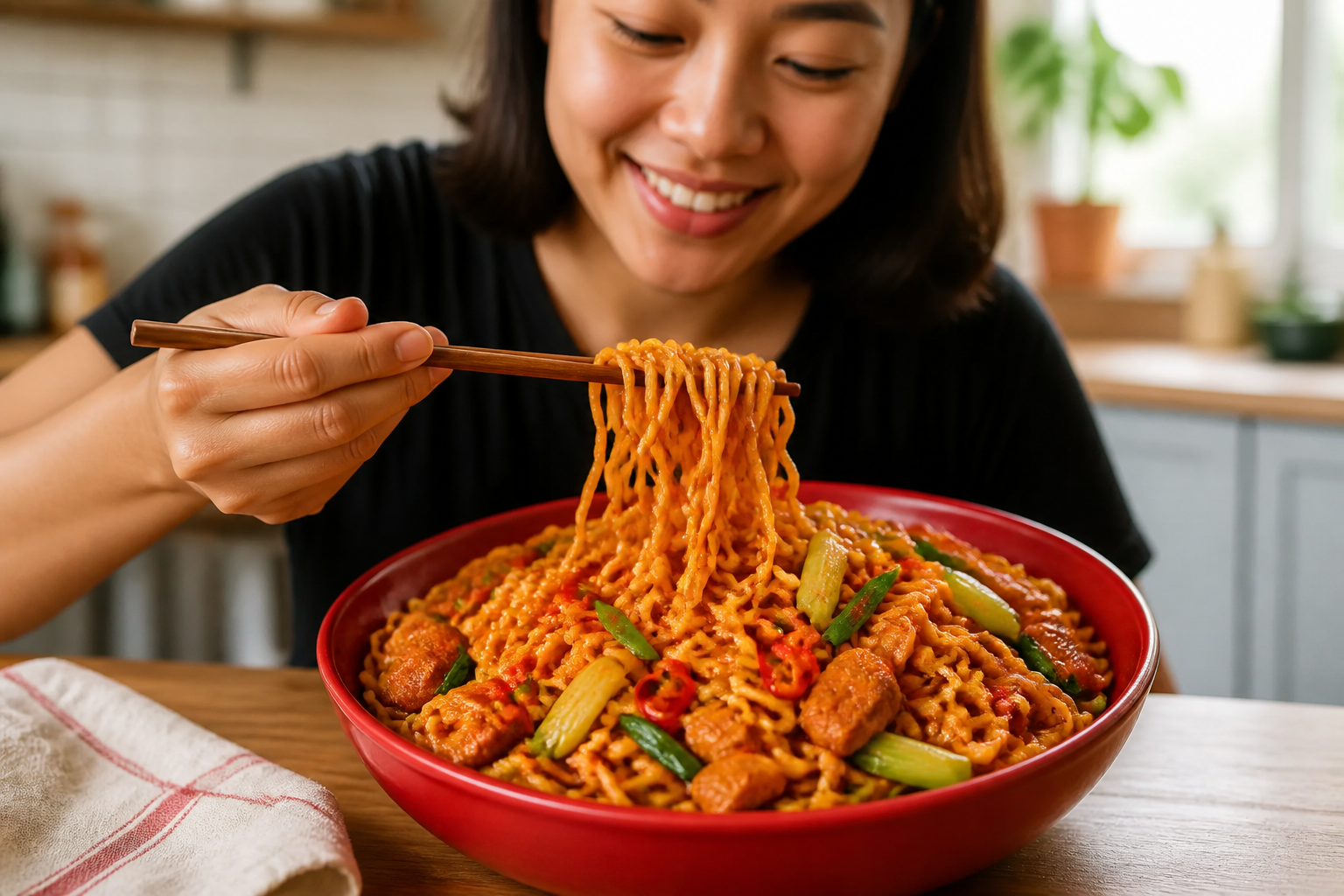 Final plated dish of spicy Korean noodles in a bowl, garnished with vegetables and chicken pieces, appetizing food photography