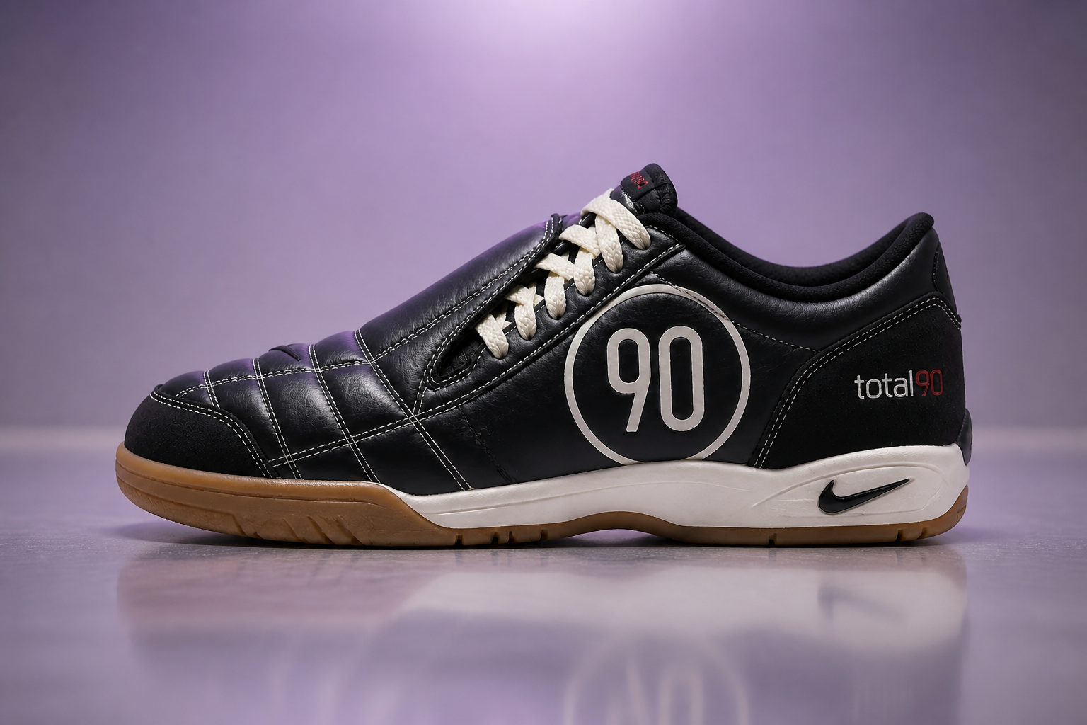 Bold hero image of premium Nike sneakers on a clean minimal background with soft purple studio lighting and reflective floor