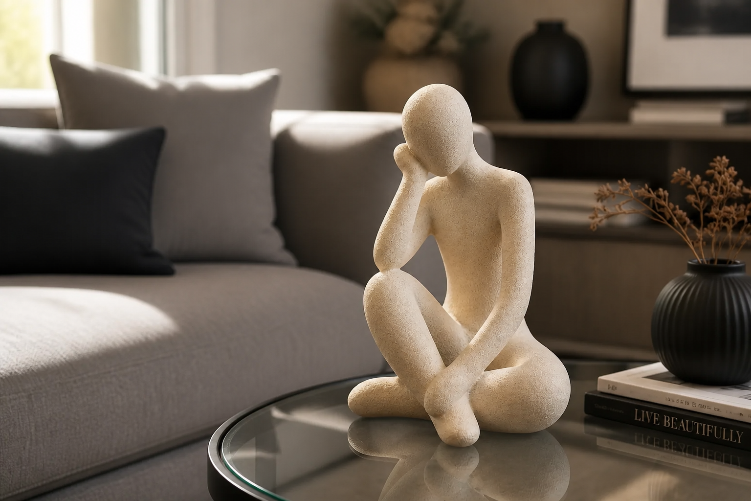Modern apartment living room showcasing the Thinker Accent on a glass coffee table with minimalist decor