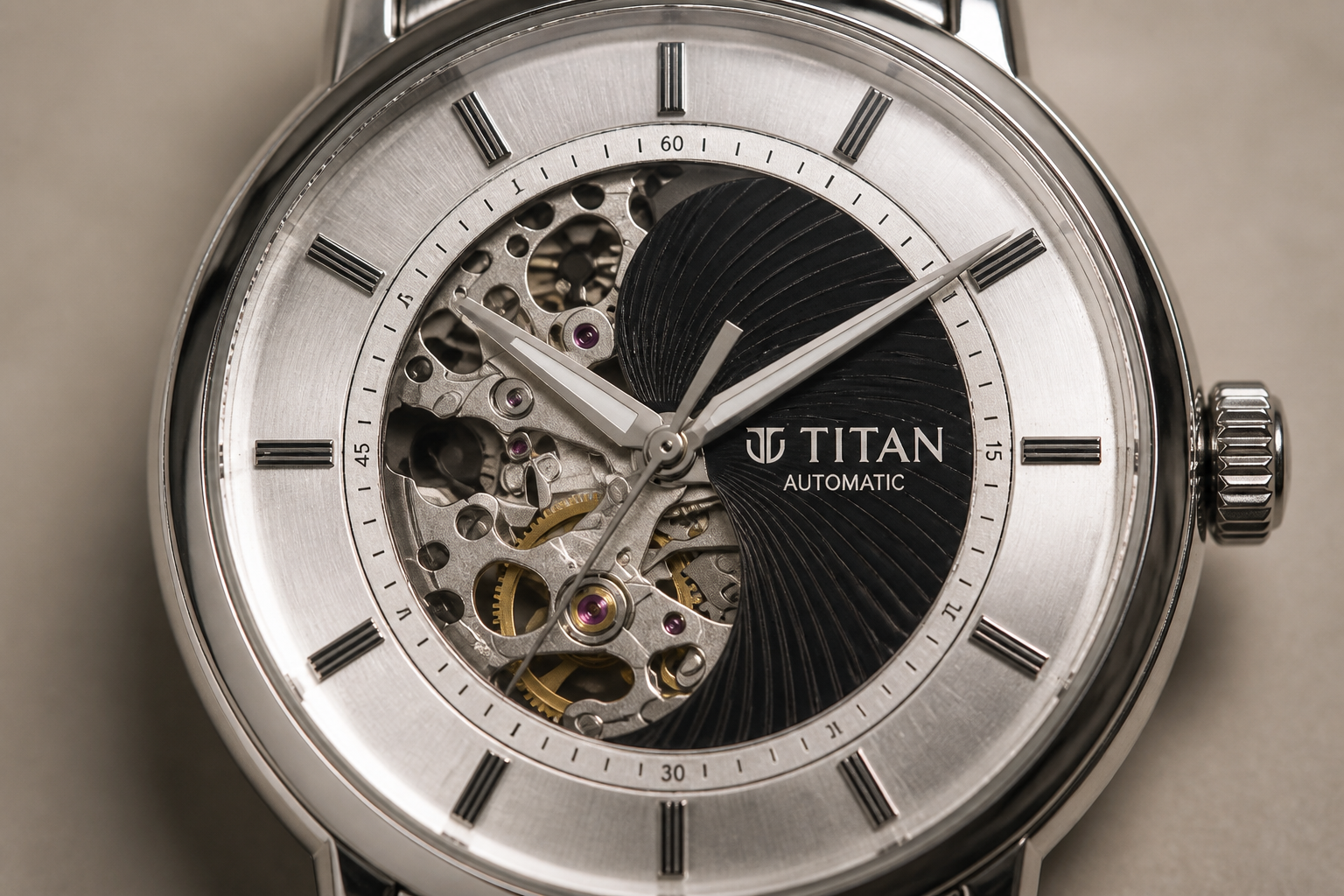 Top-down extreme close-up of the open yin-yang skeletal dial revealing the balance wheel, automatic rotor, and gear train in motion under warm directional studio lighting
