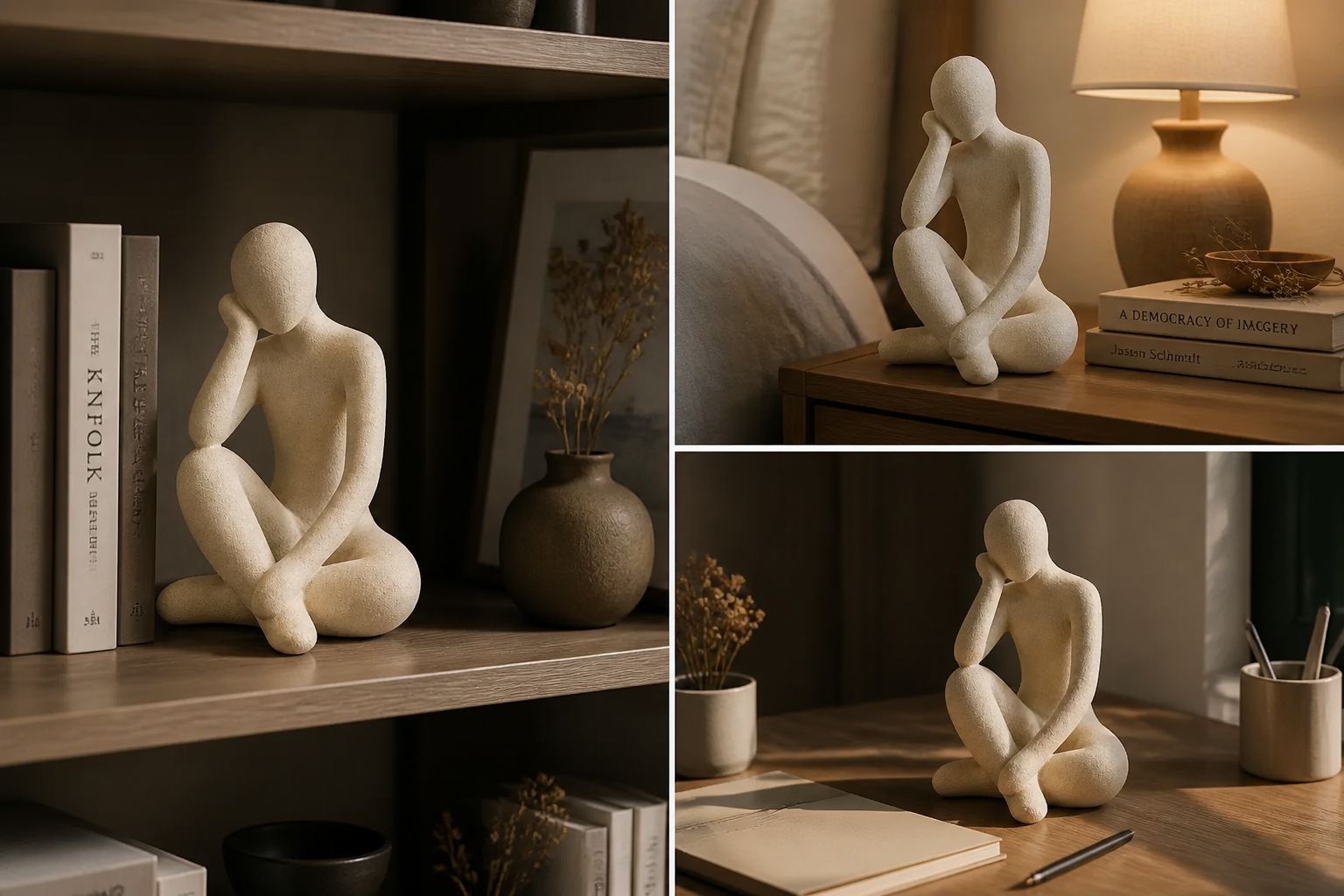 The Abstract Thought Thinker Accent displayed in multiple settings including a bookshelf, bedside table, and study desk, showing its versatility as a home decor piece